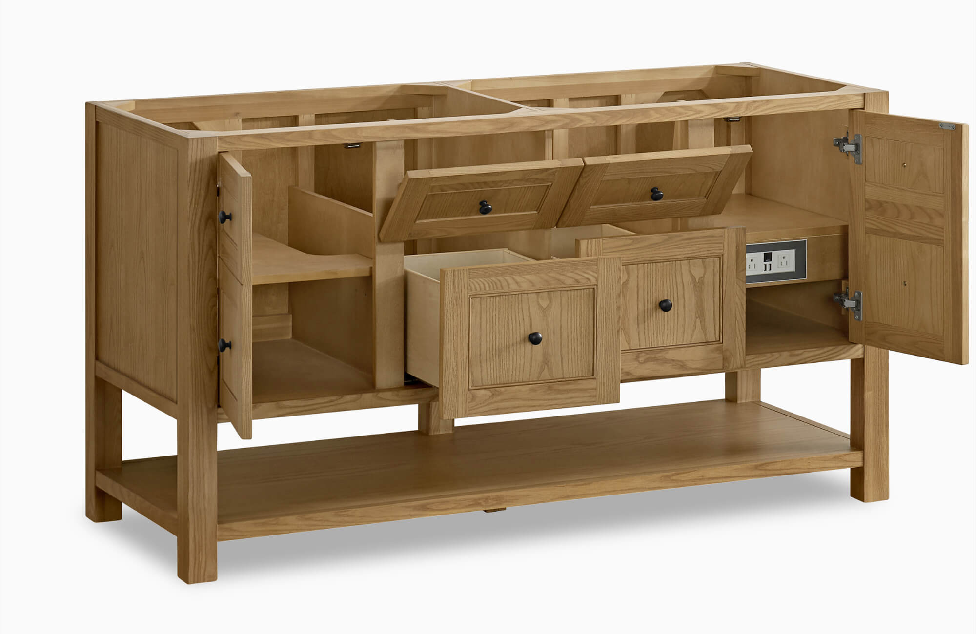 Wooden bathroom vanity with open drawers and cabinet doors, showcasing interior storage compartments and built-in power outlets.