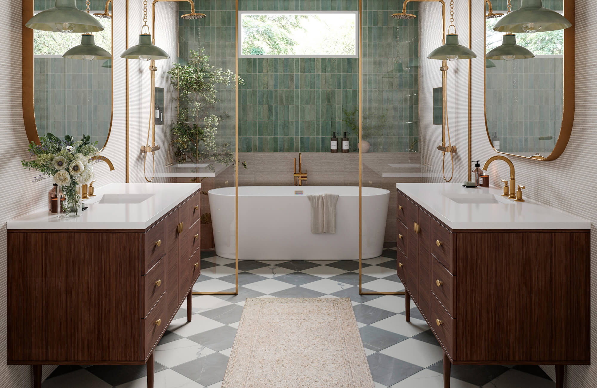 Luxurious bathroom with double wood vanities, gold fixtures, freestanding tub, green tile accent wall, and patterned floor.