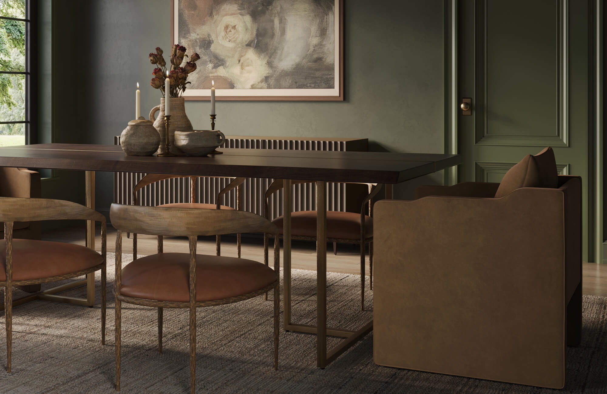 Moody, elegant dining room featuring a sculptural dining chair with curved wood framing and plush leather seating, paired with a dark wood table to create a warm, refined, and intimate atmosphere.
