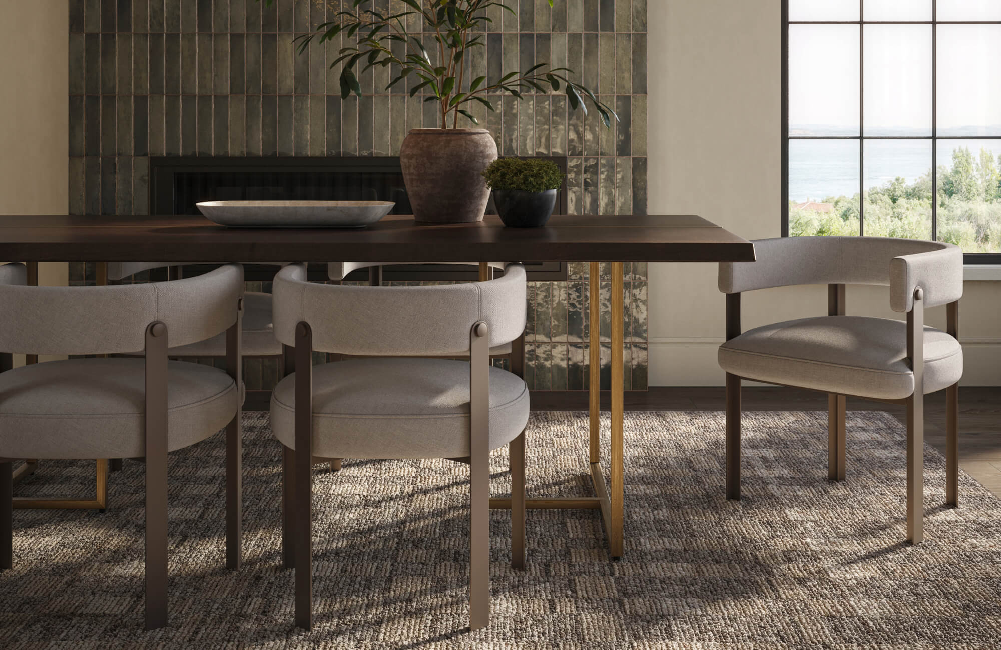 Serene dining space featuring a refined dining chair with softly upholstered seating, curved arms, and slim wood legs, paired with a dark wood table to create a balanced, contemporary, and inviting atmosphere.
