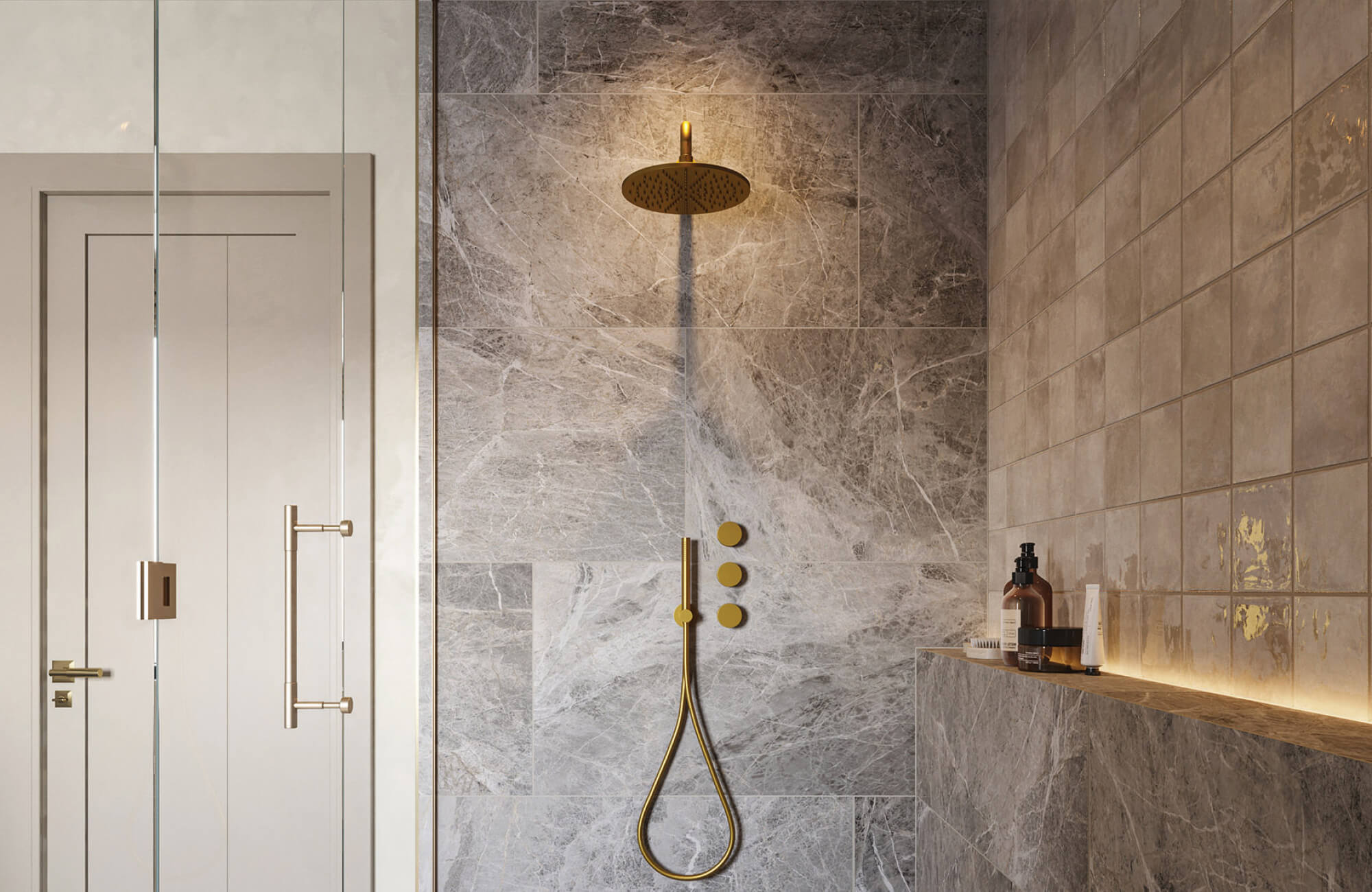 Mid-tone gray stone-look shower tiles provide balanced color depth that helps aging and mineral buildup appear more even.
