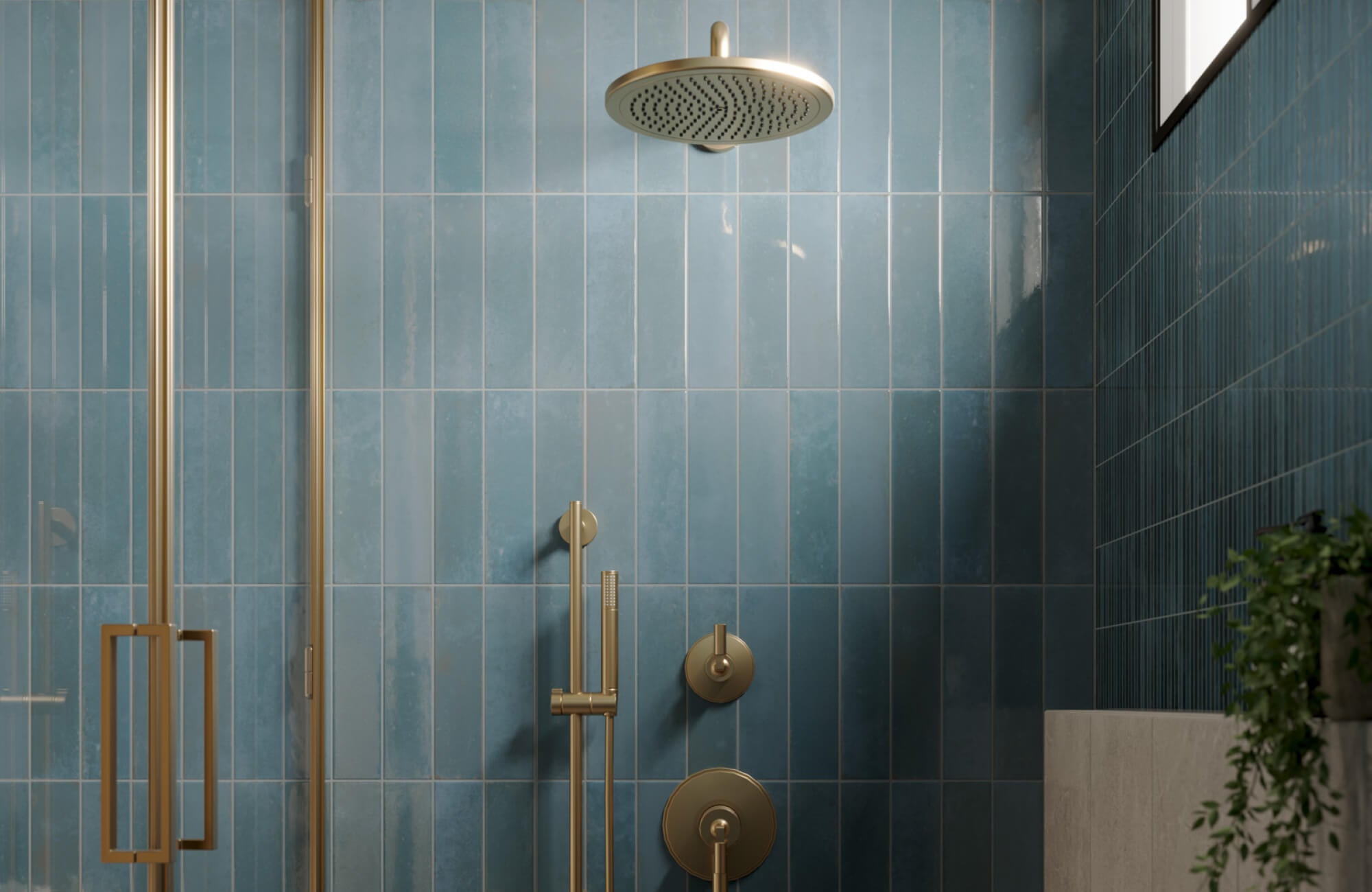Blue-green vertical shower tiles with tonal shading diffuse light, making soap residue less defined across the surface.