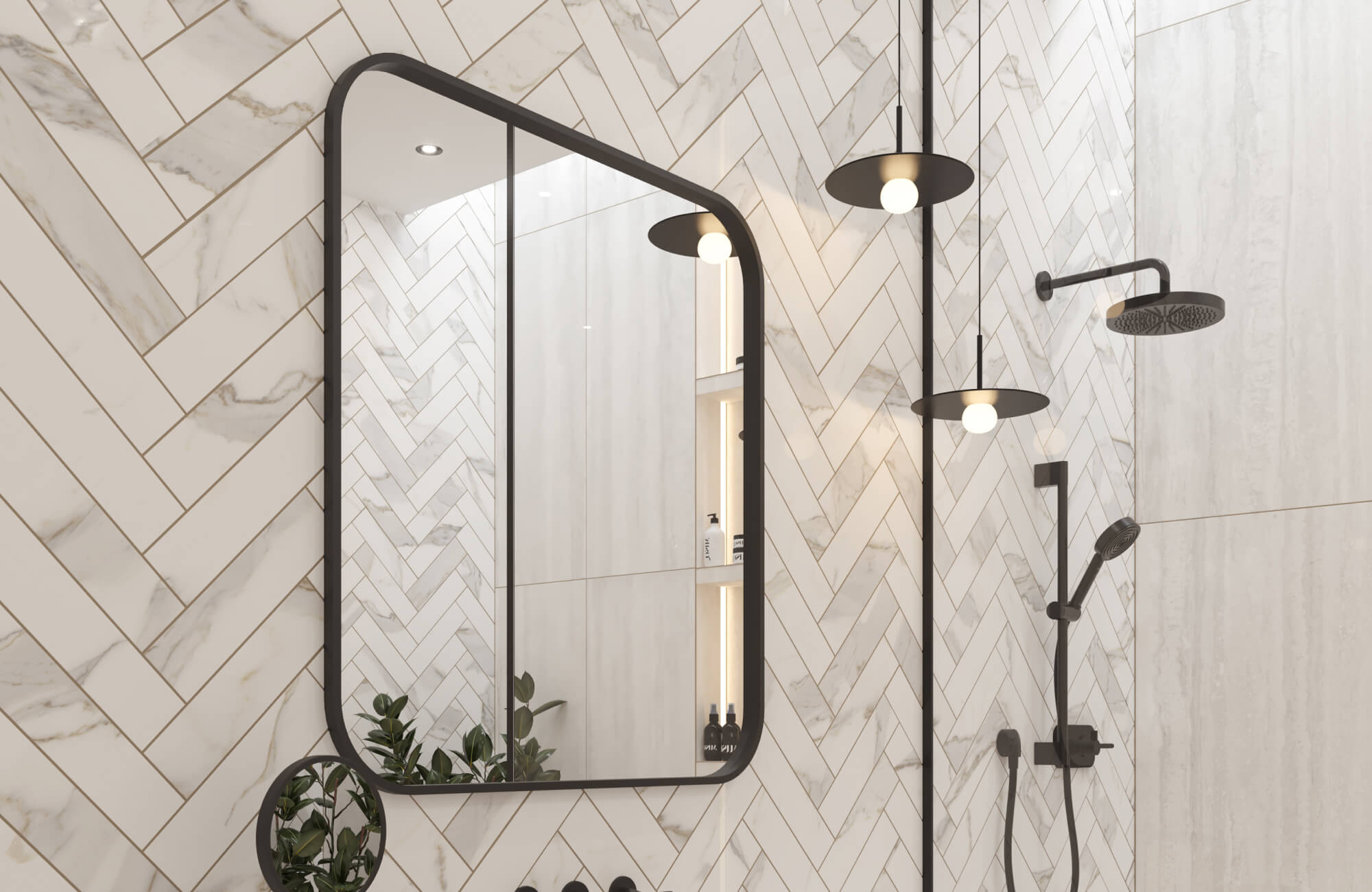 Modern bathroom with marble look subway tiles, black fixtures, modern pendant lighting, and a sleek mirror reflecting built-in shelving.