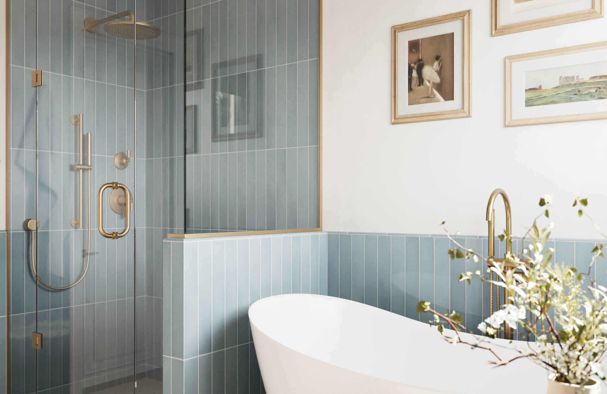 Airy bathroom with soft blue vertical subway tiles, a frameless glass shower, gold fixtures, and a freestanding tub accented by framed art and greenery.