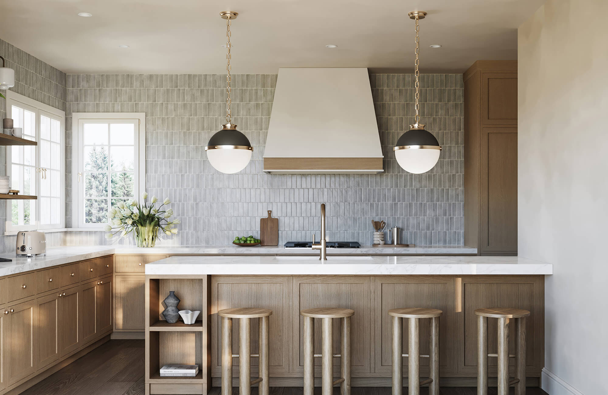 Light gray vertically stacked subway tile backsplash creating texture and rhythm across a wide kitchen wall