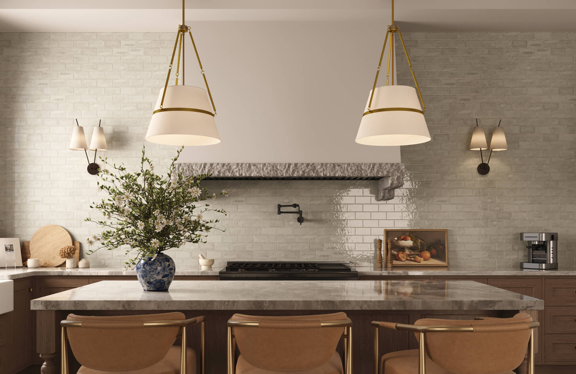 Glossy pale subway tile backsplash with traditional offset pattern, adding depth and brightness behind the range