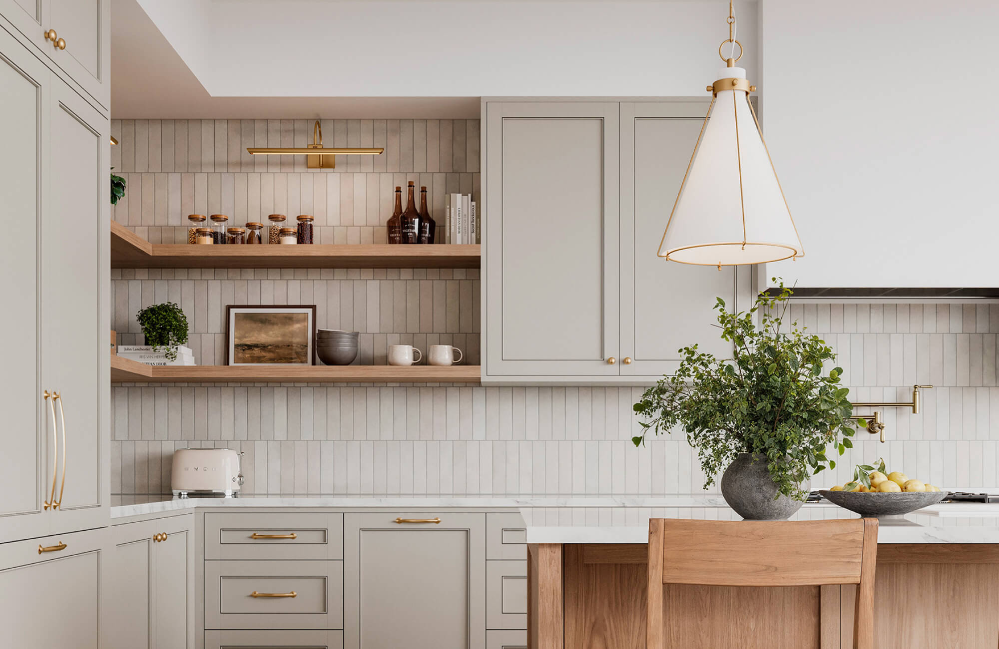 Slim vertical subway tile backsplash arranged in even columns, enhancing height and structure along open shelving