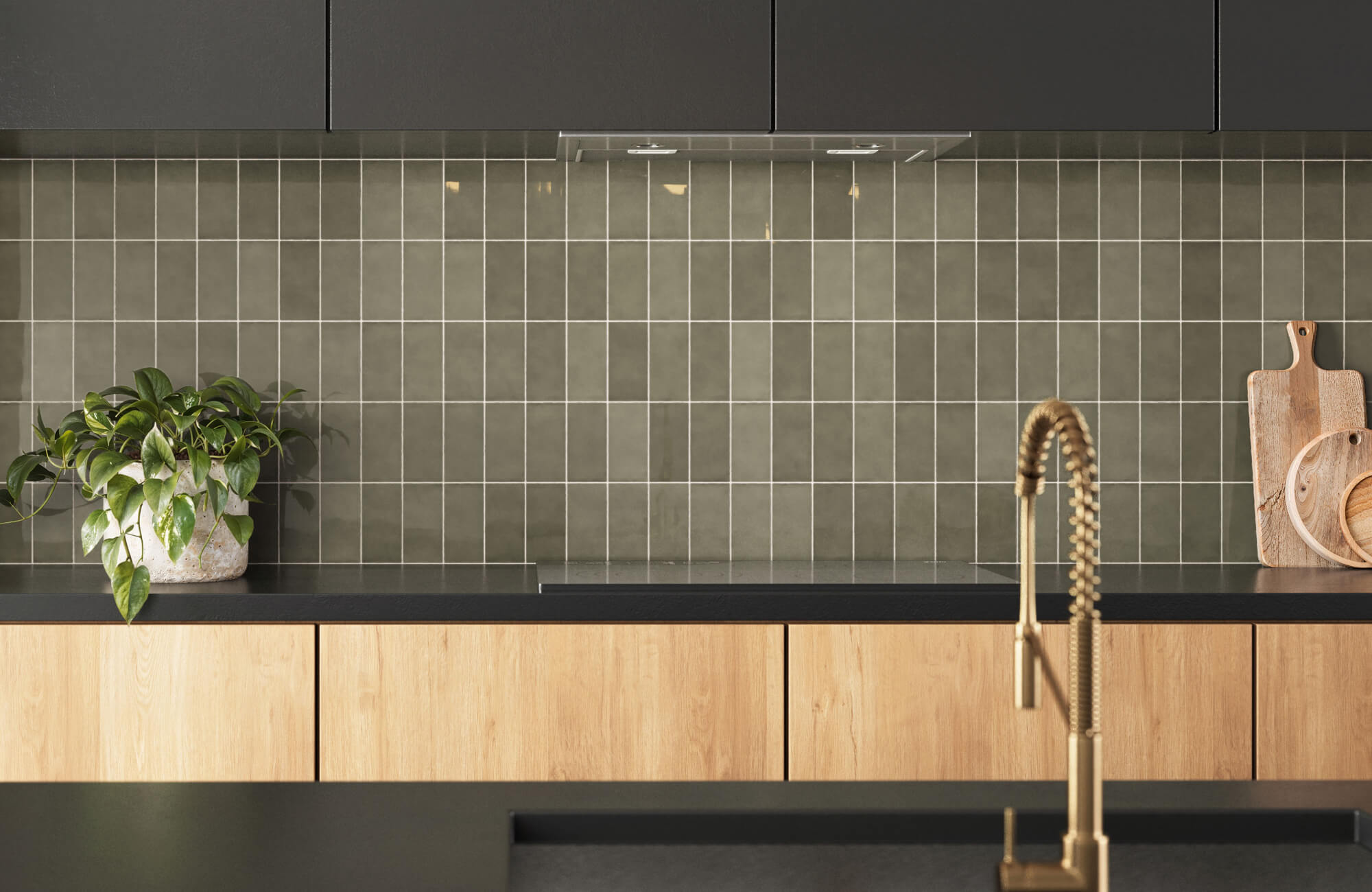 Square grid subway tile backsplash with frequent grout lines creating a graphic, modern backdrop