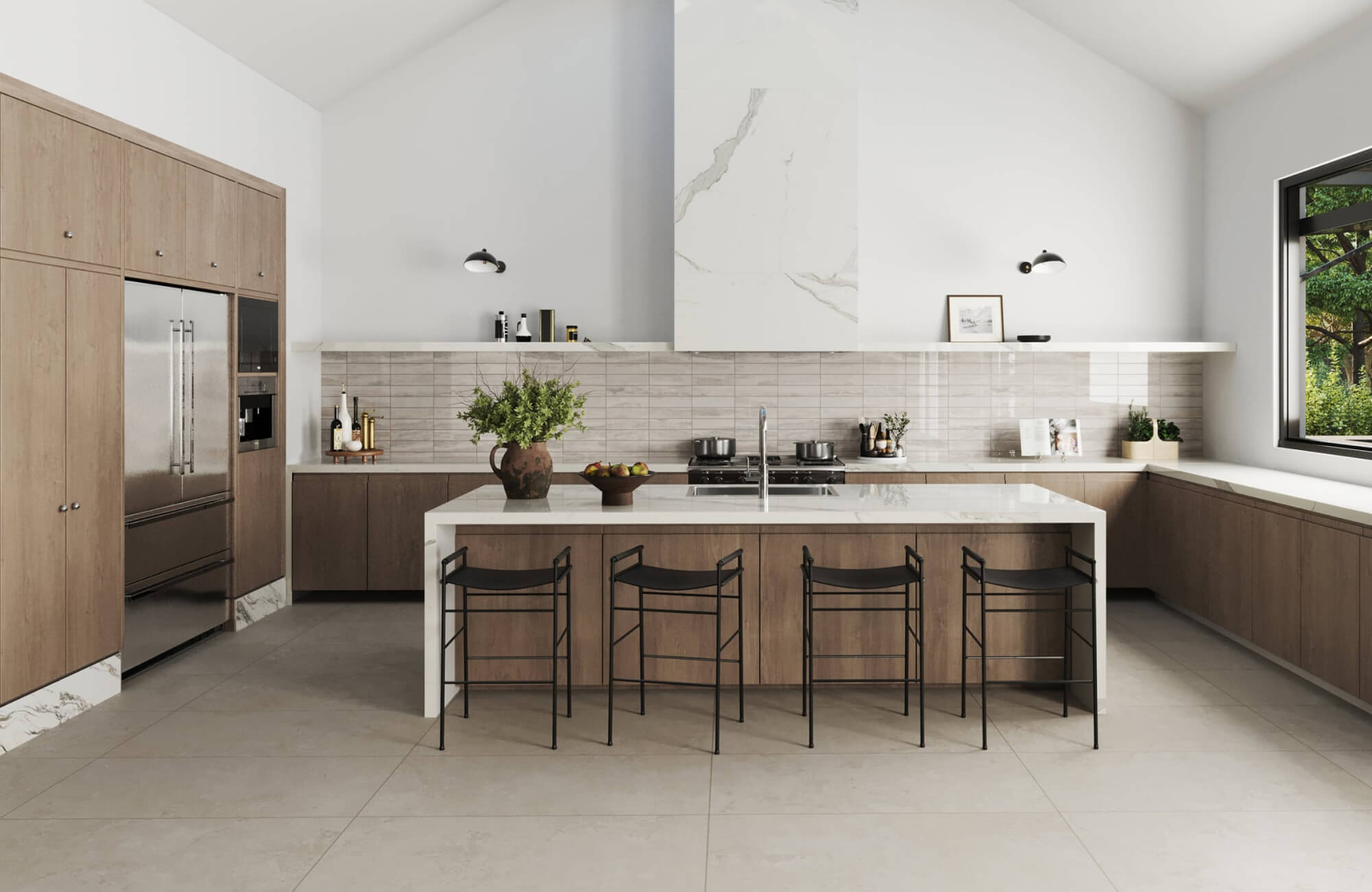 Long horizontal subway tile backsplash with minimal grout, emphasizing a streamlined and continuous wall surface