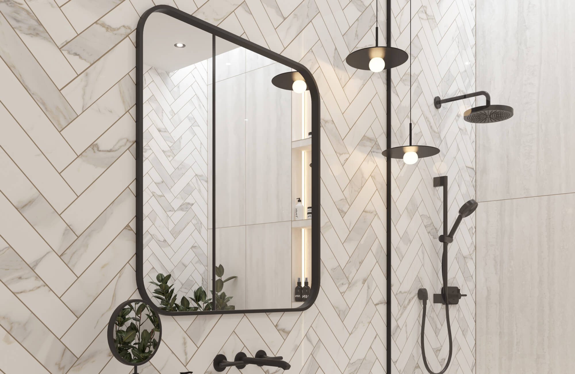 null Sophisticated bathroom with marble look herringbone subway tiles, sleek black fixtures and modern pendant lighting for a bold contrast.