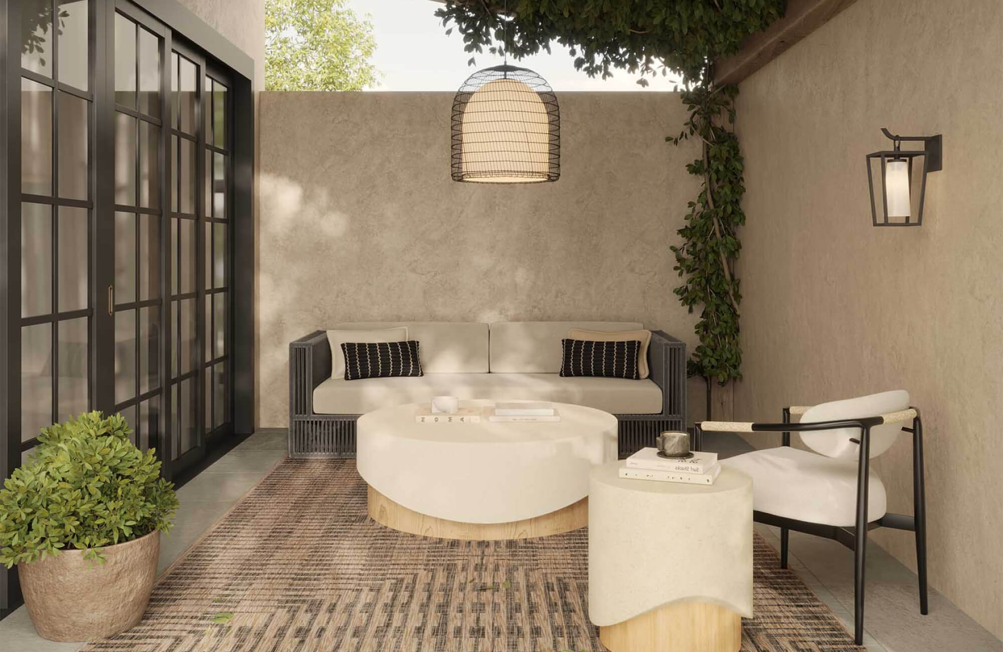 null Compact covered patio with a sofa and accent chair, where slim lumbar pillows add support and contrast without taking up too much seating space.