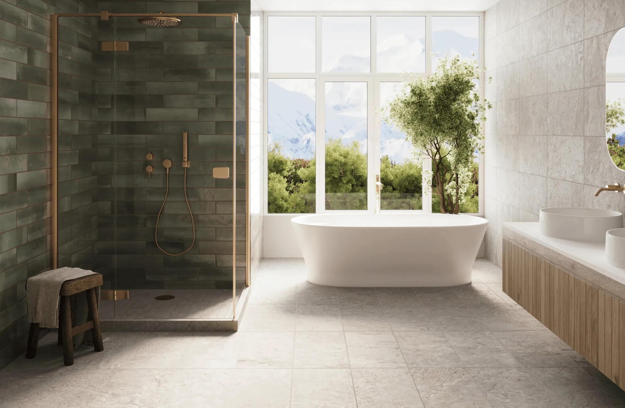 A serene bathroom featuring earthy green subway tiles in the shower, neutral stone look flooring, and a freestanding tub with a view of lush greenery and mountains.