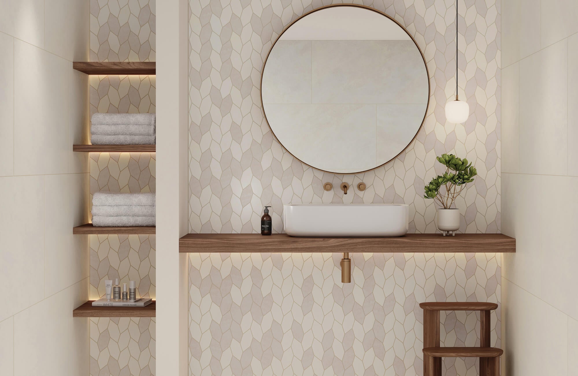 null A chic bathroom featuring geometric wall tiles, a round mirror, warm wood shelving, and soft lighting for a cozy, modern aesthetic.