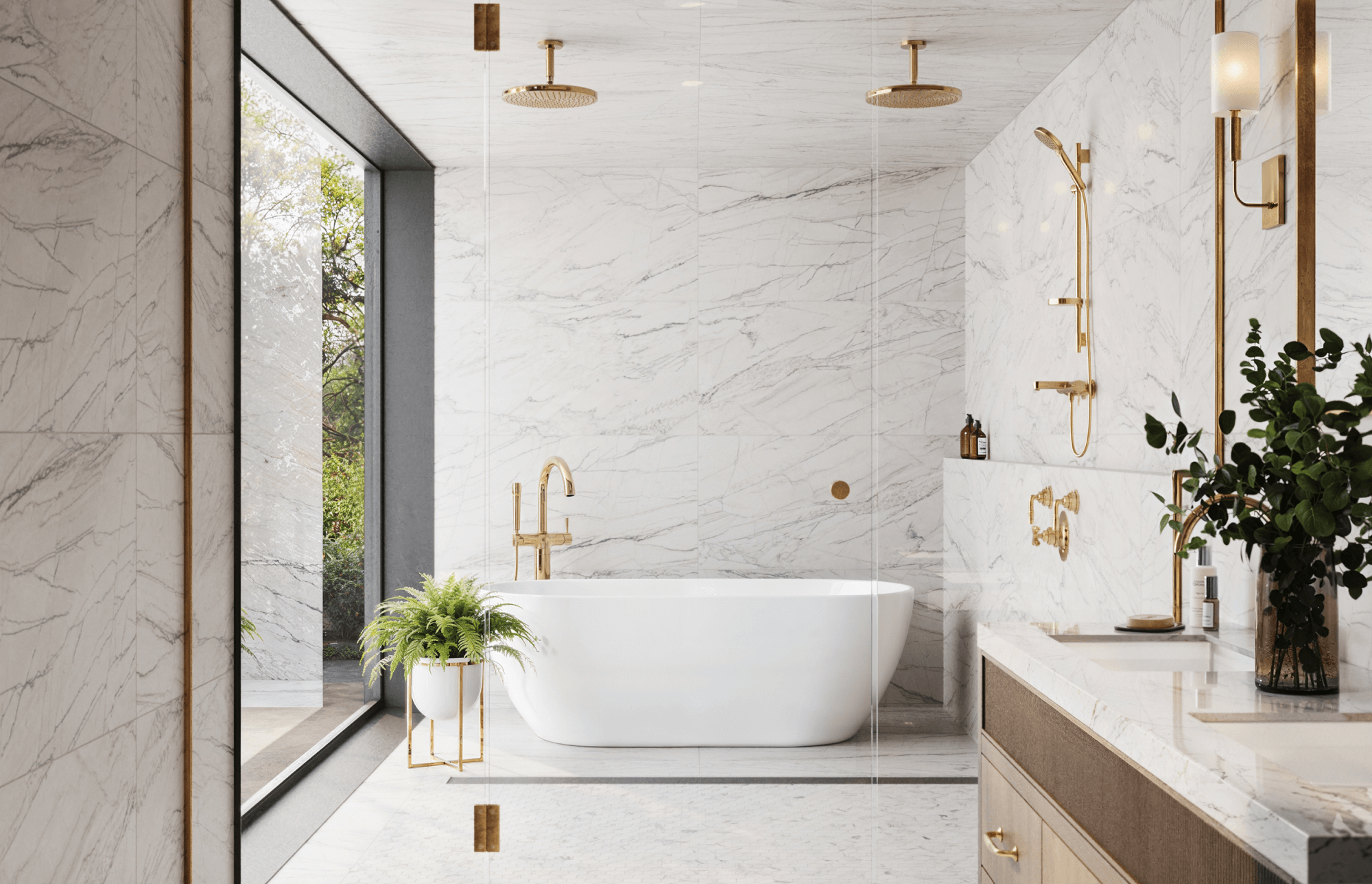 null A luxurious bathroom showcasing marble look tiles installed seamlessly on both the walls and floors, a freestanding tub, a gold faucet, and a lush fern for a modern, spa-like ambiance.