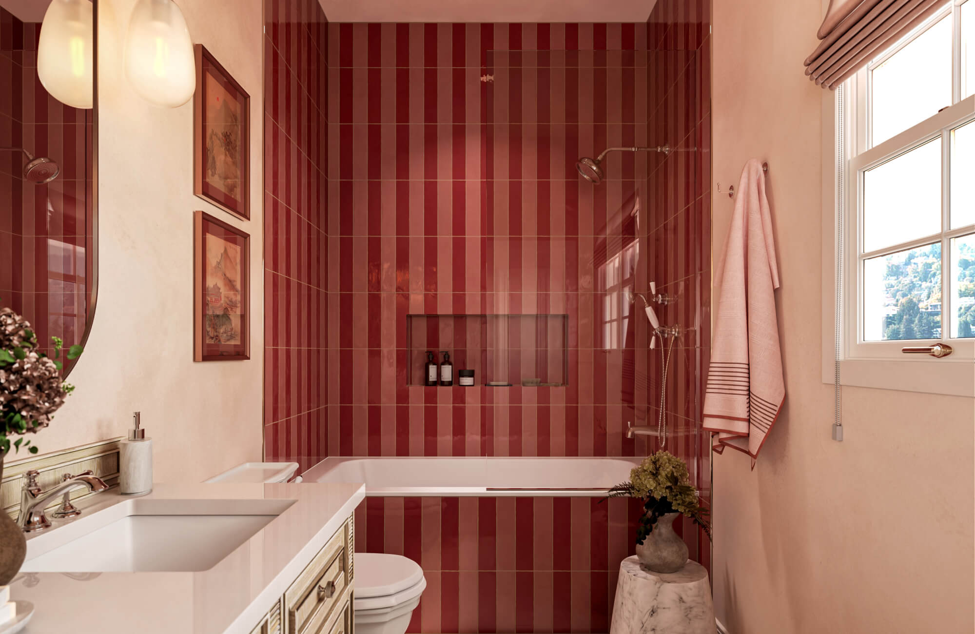 Bold red vertical striped tiles create a vibrant, modern statement in this elegant bathroom shower.