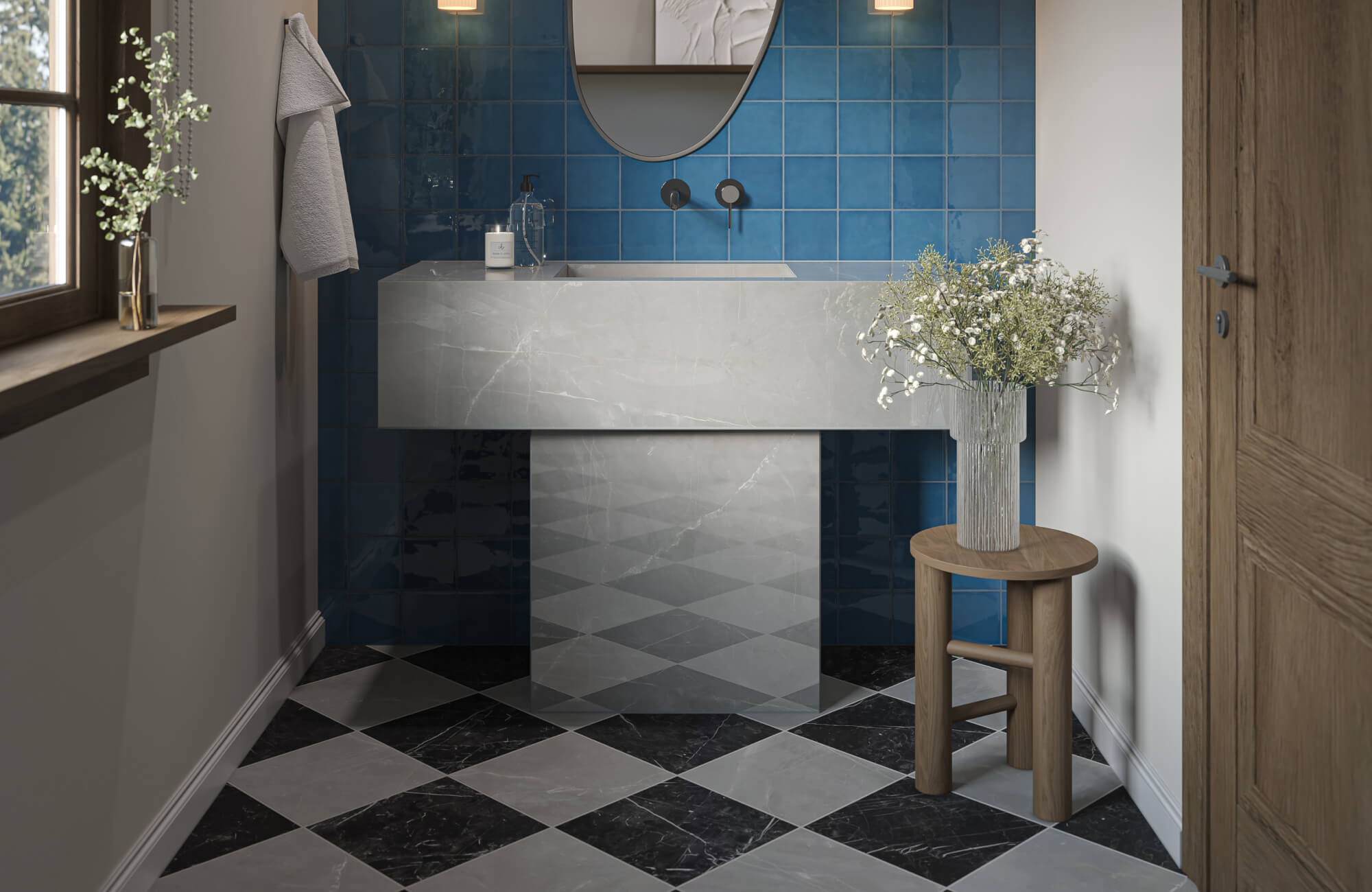 Checkerboard marble tiles in black and gray add timeless elegance to this striking, modern powder room.