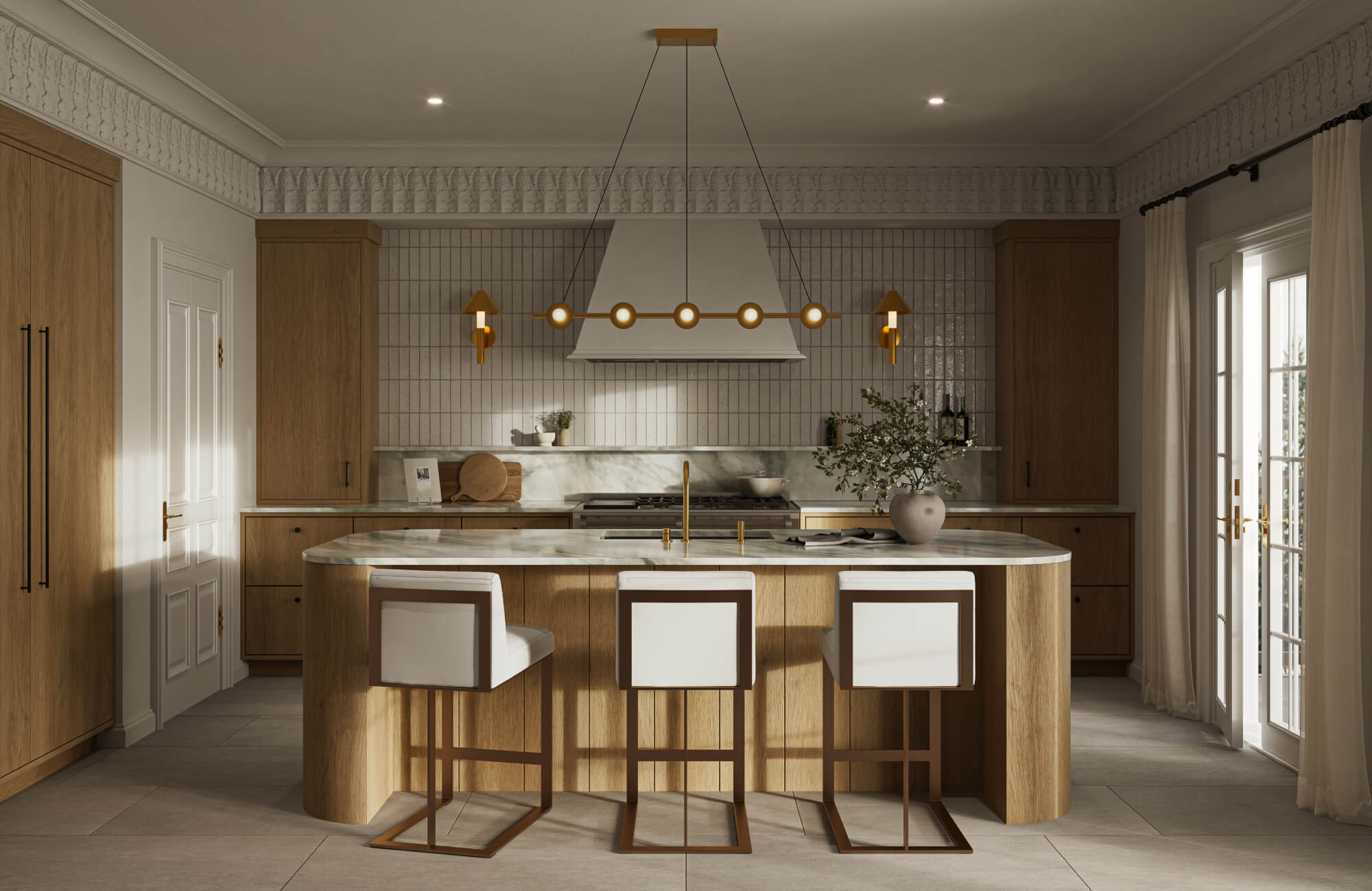 Slim vertical ivory tiles add refined texture to this warm, modern kitchen with natural wood cabinetry.