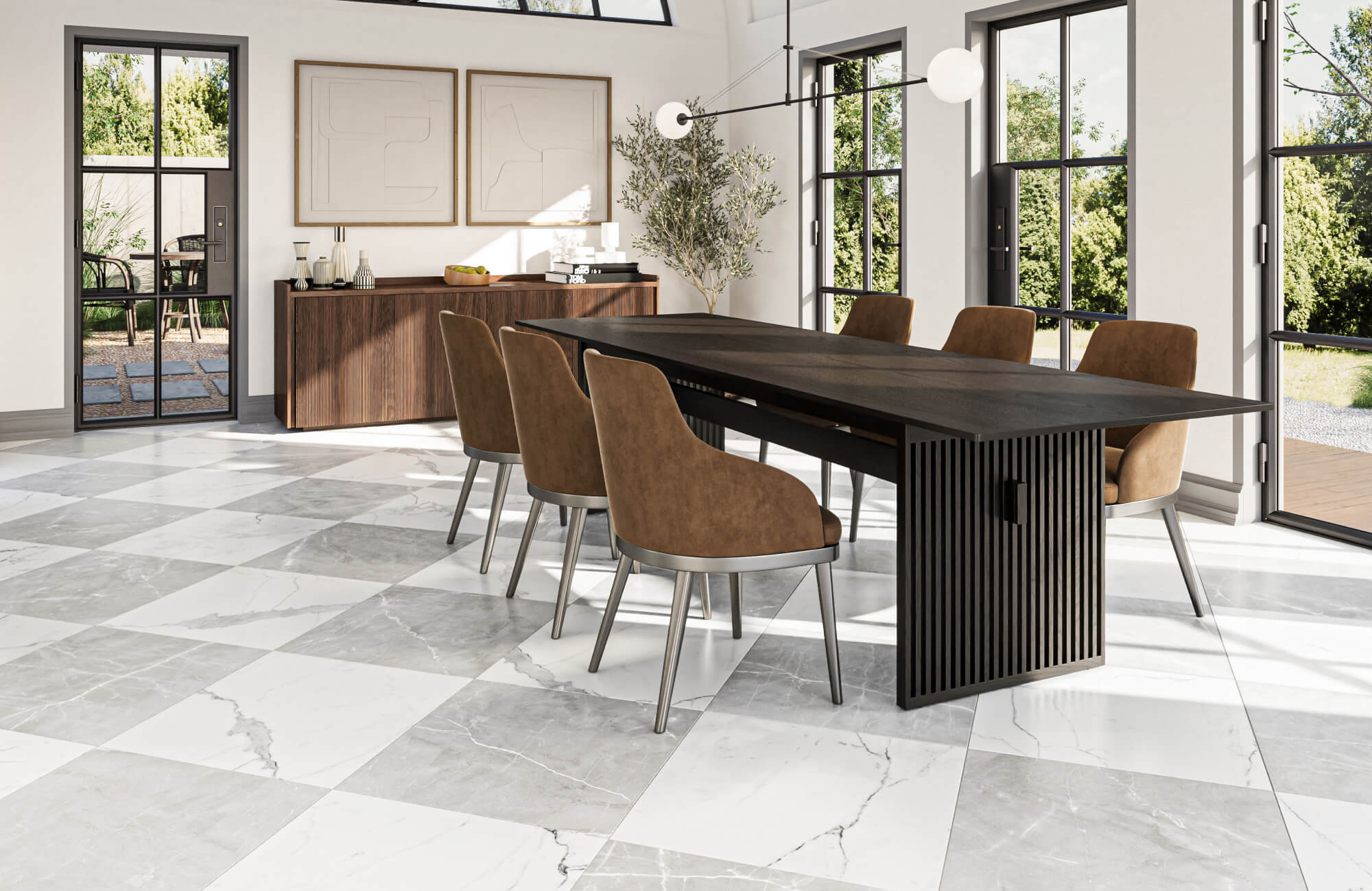 null Airy dining room with large 24x24 checkerboard floor tile in gray and white, featuring a black dining table, brown upholstered chairs, black-framed windows and doors, abstract wall art, and greenery outside.