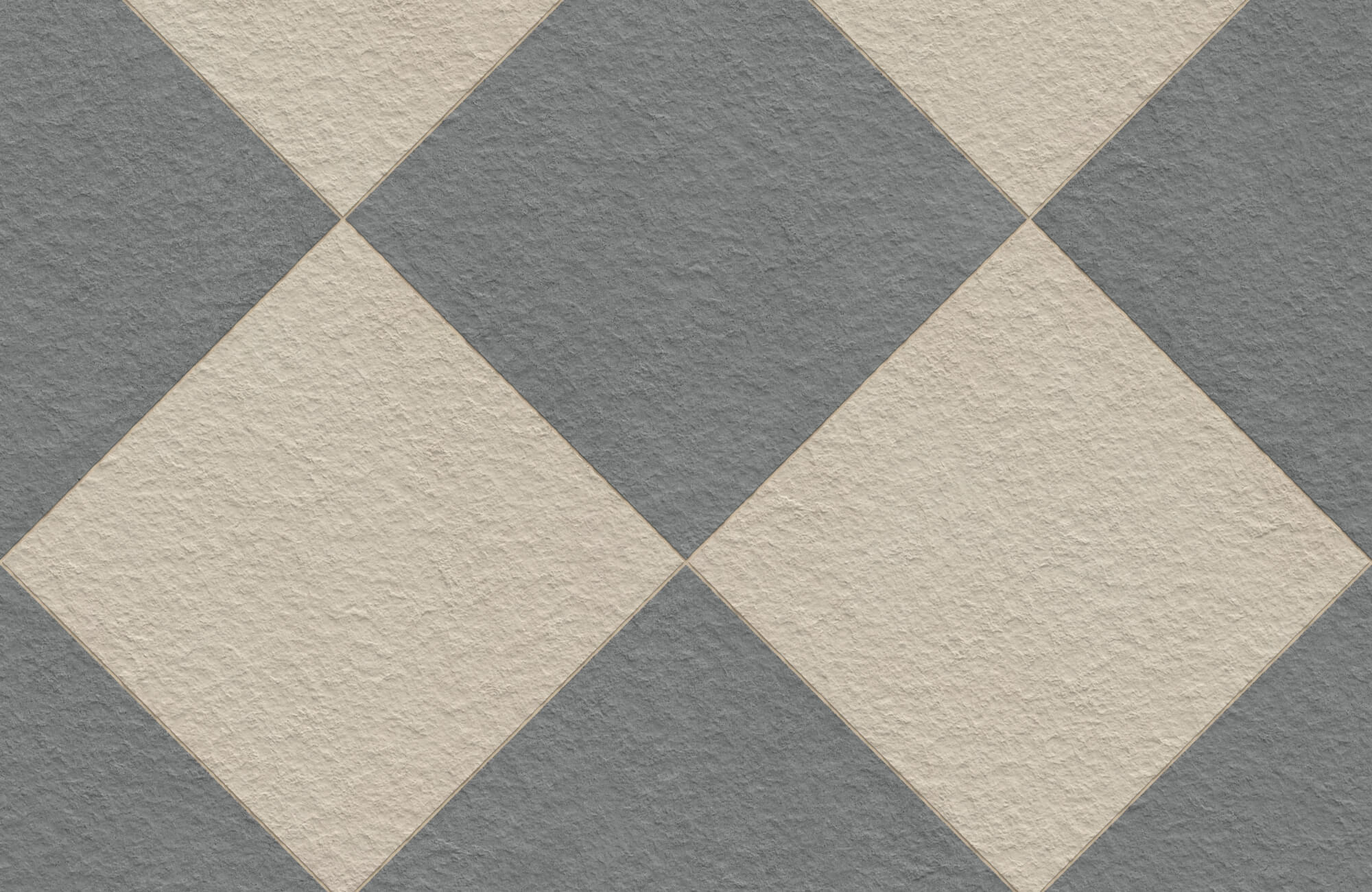 null Close-up of 24x24 textured checkerboard floor tile in beige and gray, showing a diagonal square layout with subtle surface variation and defined grout lines.
