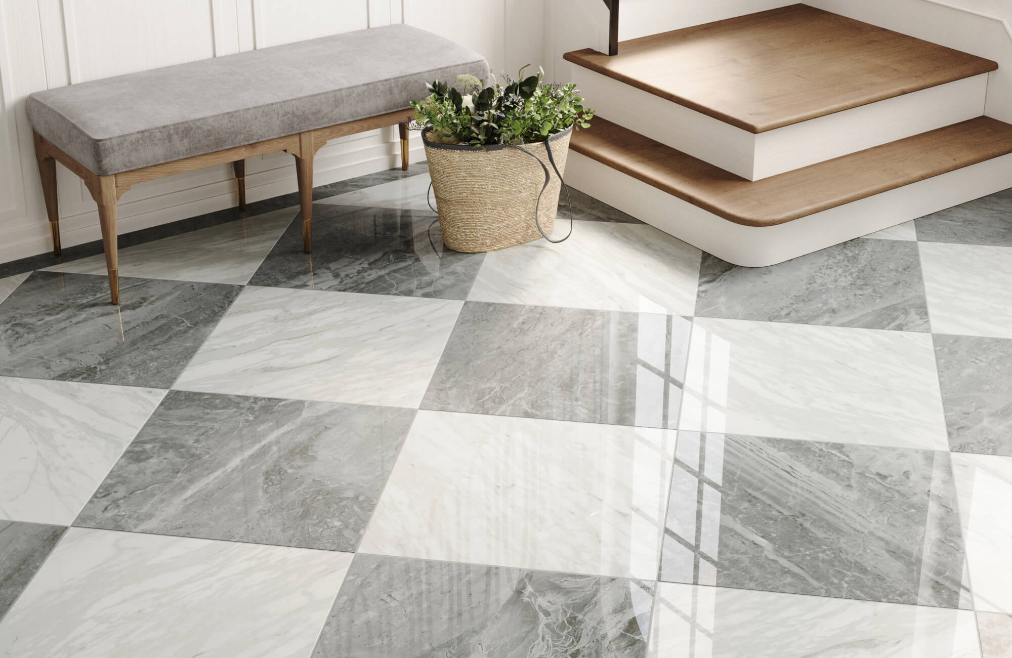 null Entryway floor with glossy 24x24 marble-look checkerboard tile in gray and off-white beside a cushioned bench, woven plant basket, white paneled walls, and wood stair treads.
