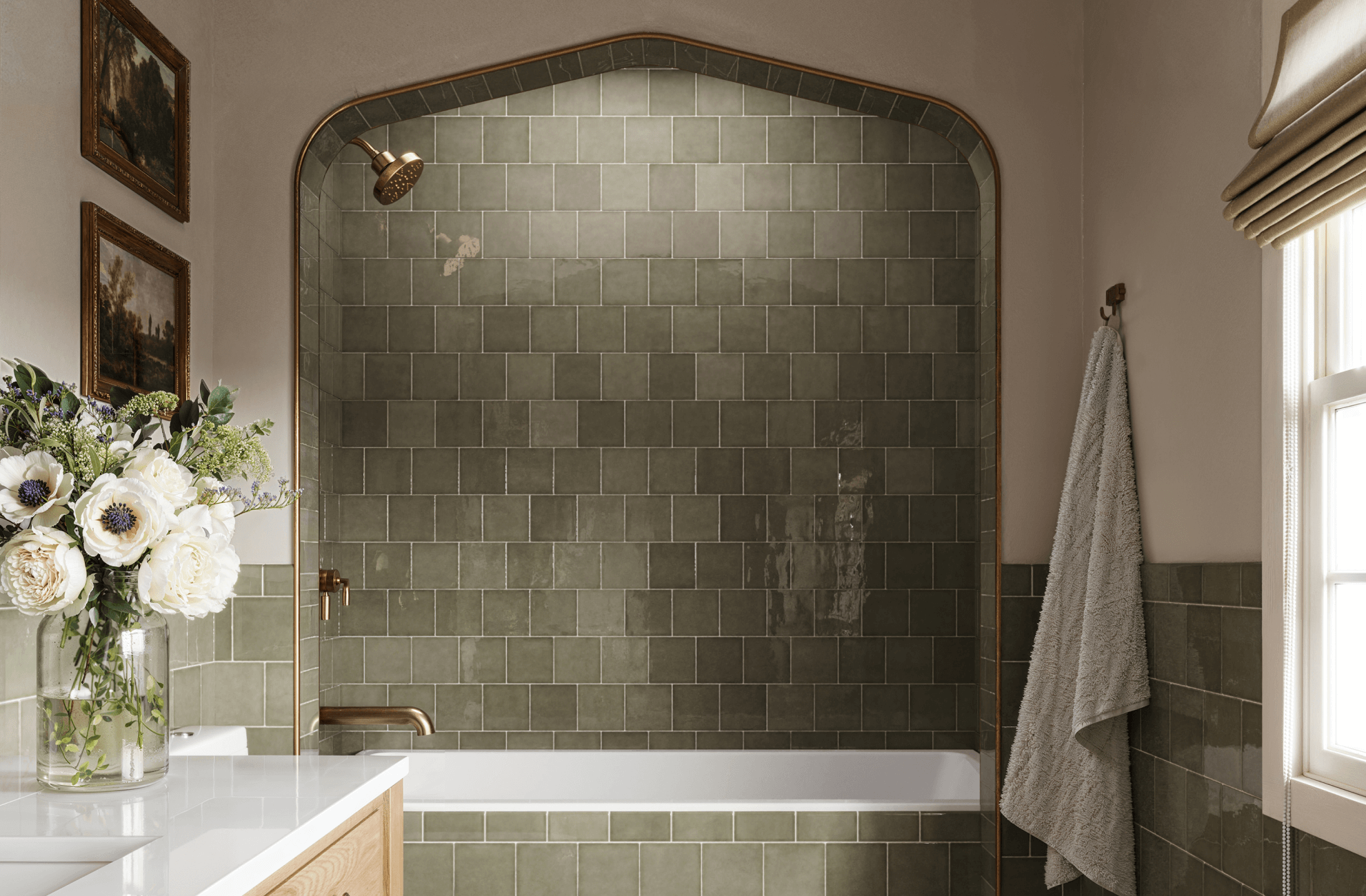 Charming bathroom with olive green square tiles, an arched shower alcove, brass fixtures, and soft natural lighting for a cozy ambiance.