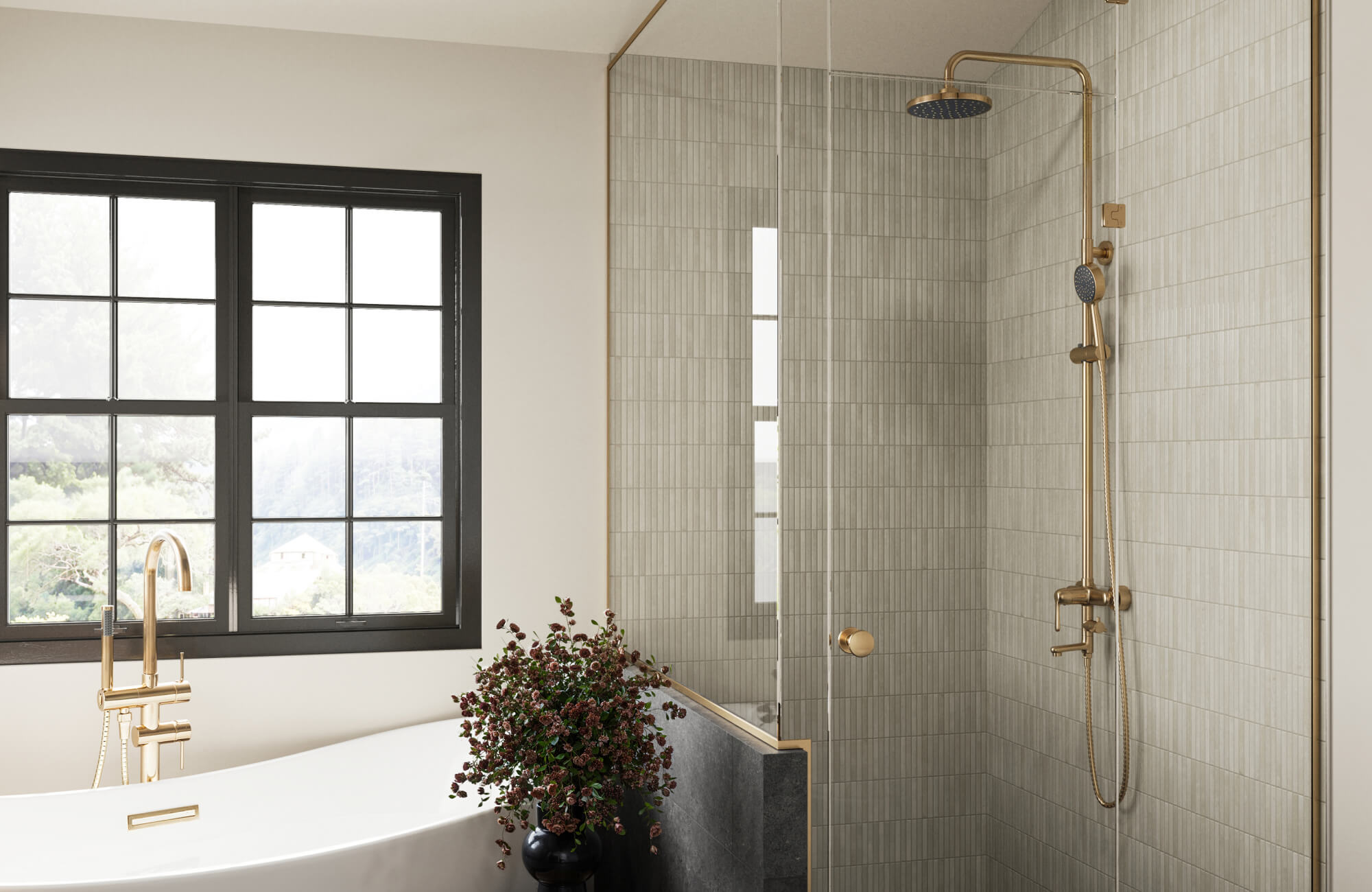 Elegant bathroom featuring vertical light gray textured tiles, brass fixtures, a freestanding tub, and a large window offering natural light.
