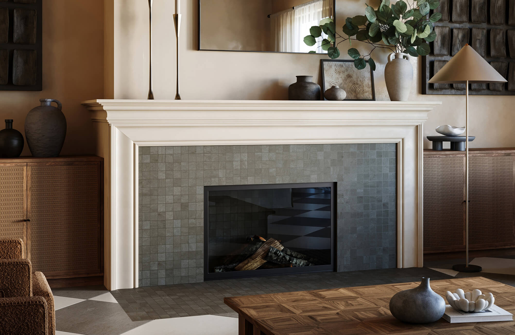 Mosaic-style matte fireplace tile in soft gray tones creating a textured, modern surround.
