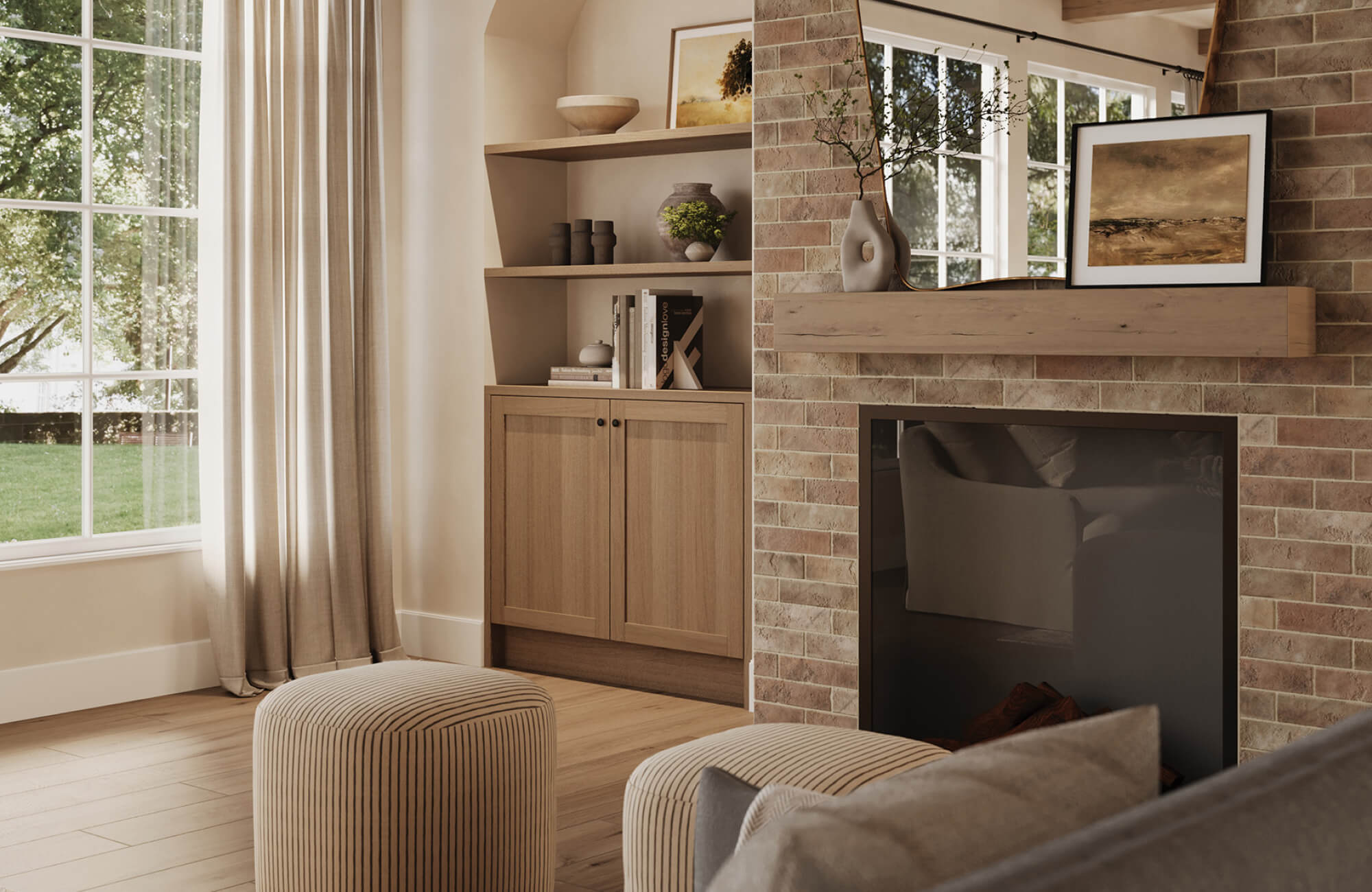 Warm-toned brick-look ceramic fireplace tile adding rustic texture around a classic mantel.
