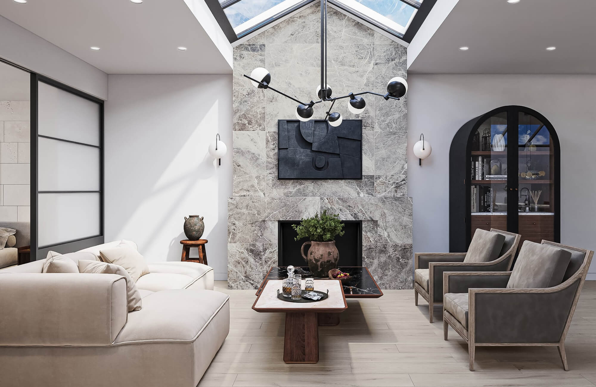 Large-format marble-look fireplace tiles creating a dramatic floor-to-ceiling focal wall.
