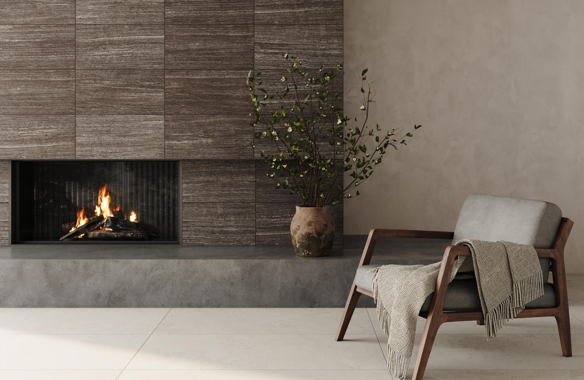 Horizontal wood-look porcelain tiles used as a contemporary fireplace surround with warm, earthy tones.