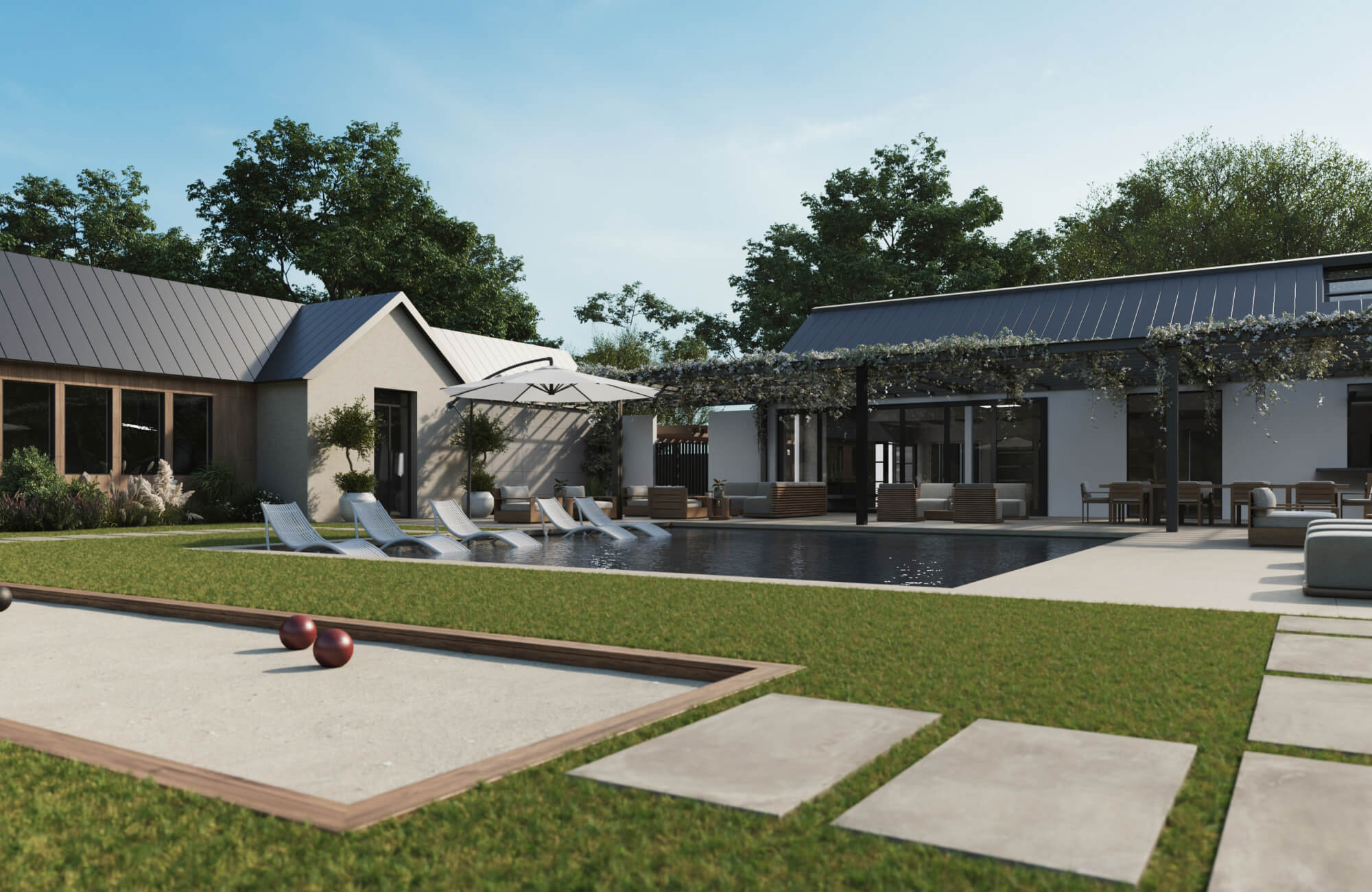 null Luxurious backyard with sleek swimming pool, lounge chairs, vine-covered pergola, and bocce court set against modern farmhouse architecture.