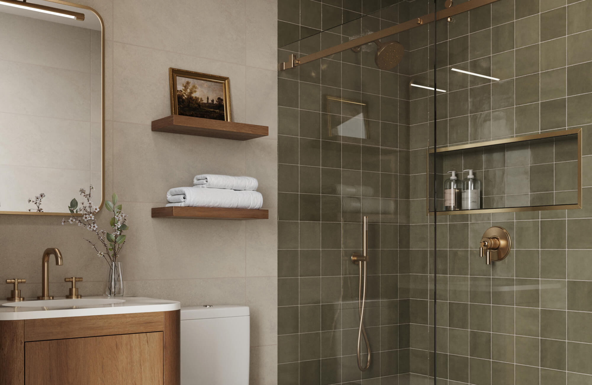 Elegant bathroom with earthy green square tiles on the shower wall and niche, brass fixtures, and wood accents, creating a warm and inviting ambiance.