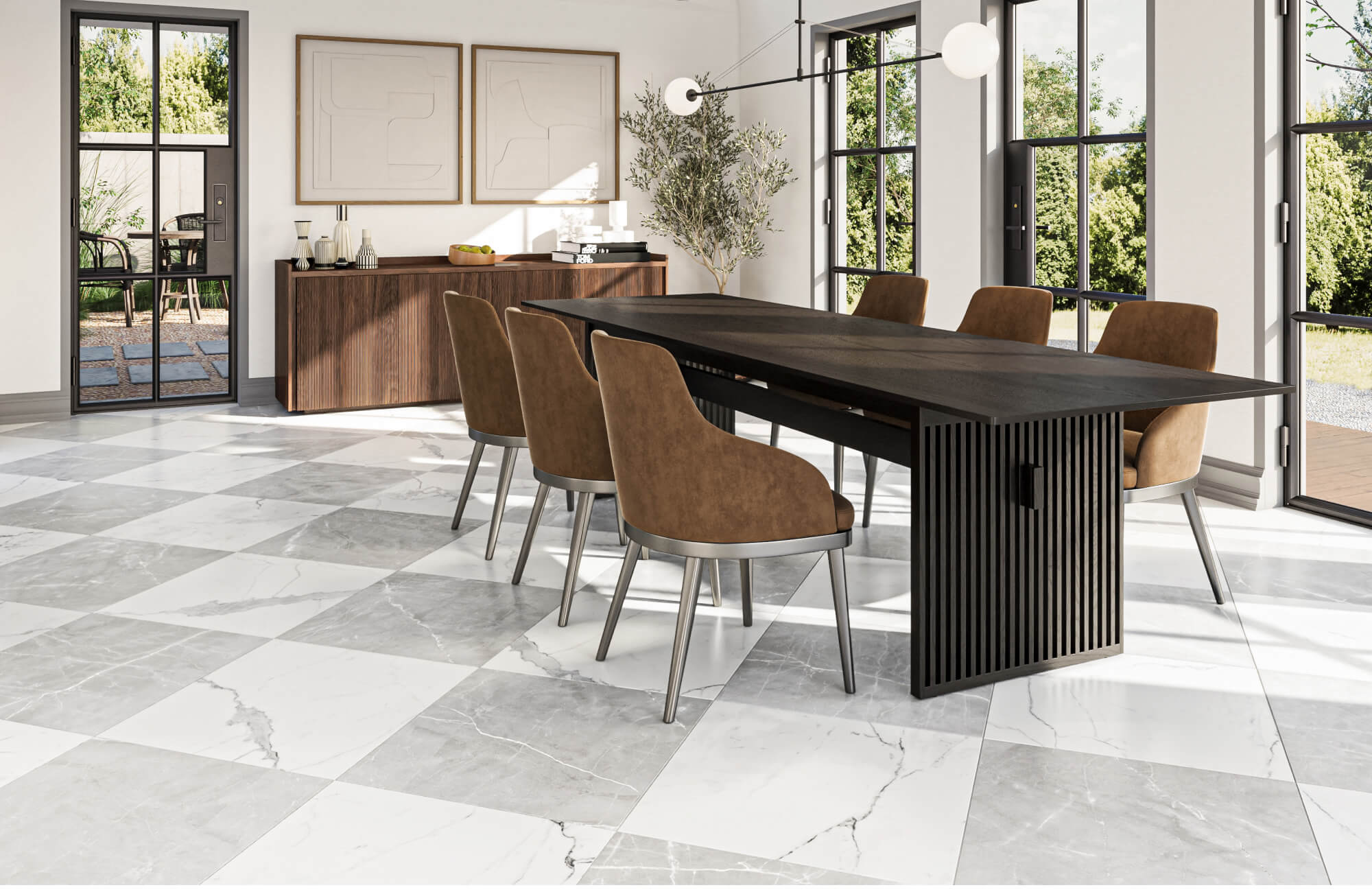 Modern dining room with a marble look checkerboard floor, black table, brown suede chairs, large windows, and natural light.