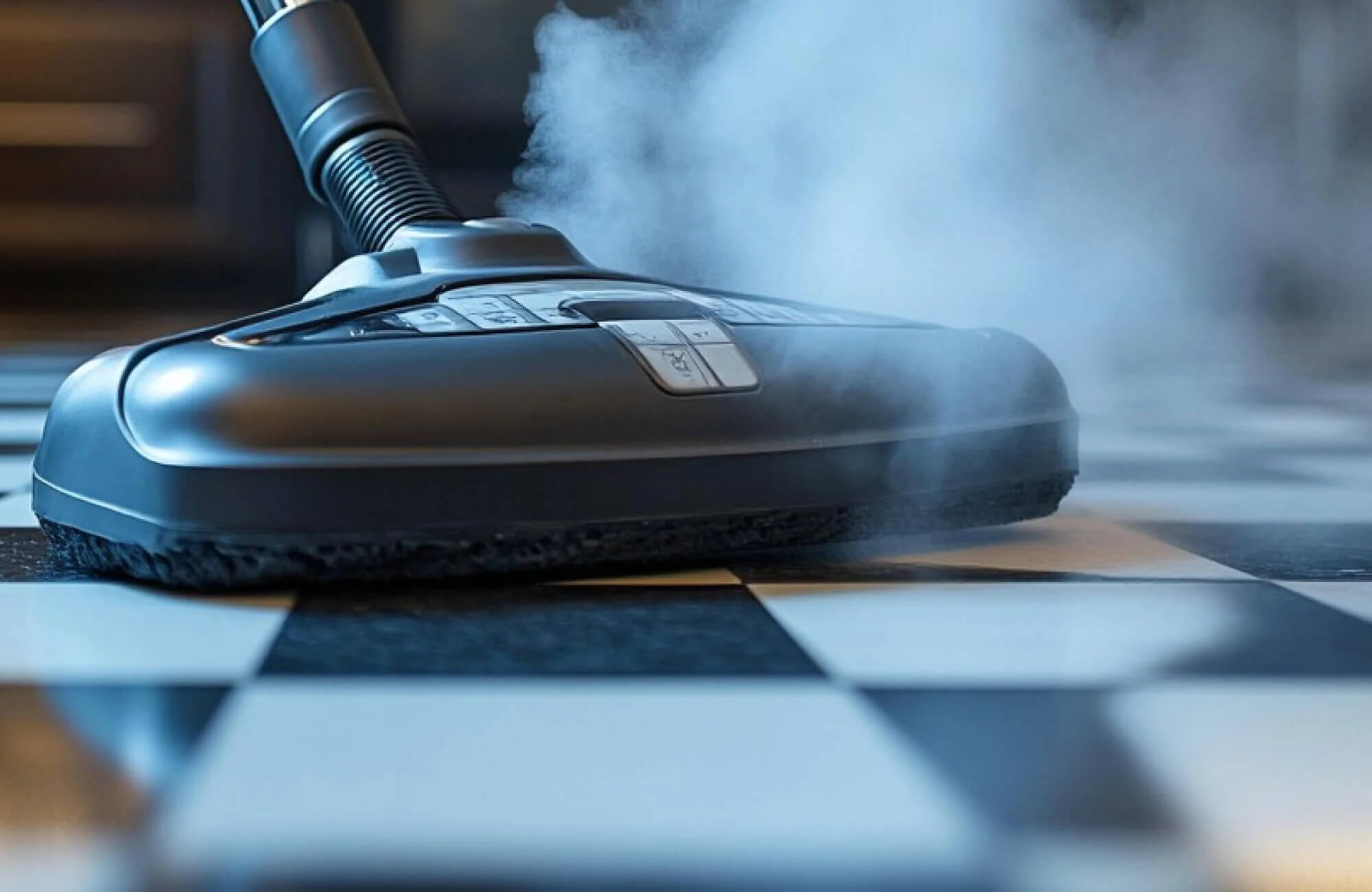 Close-up of a steam mop cleaning a black and white checkerboard floor, releasing steam to sanitize and remove dirt for a spotless finish.