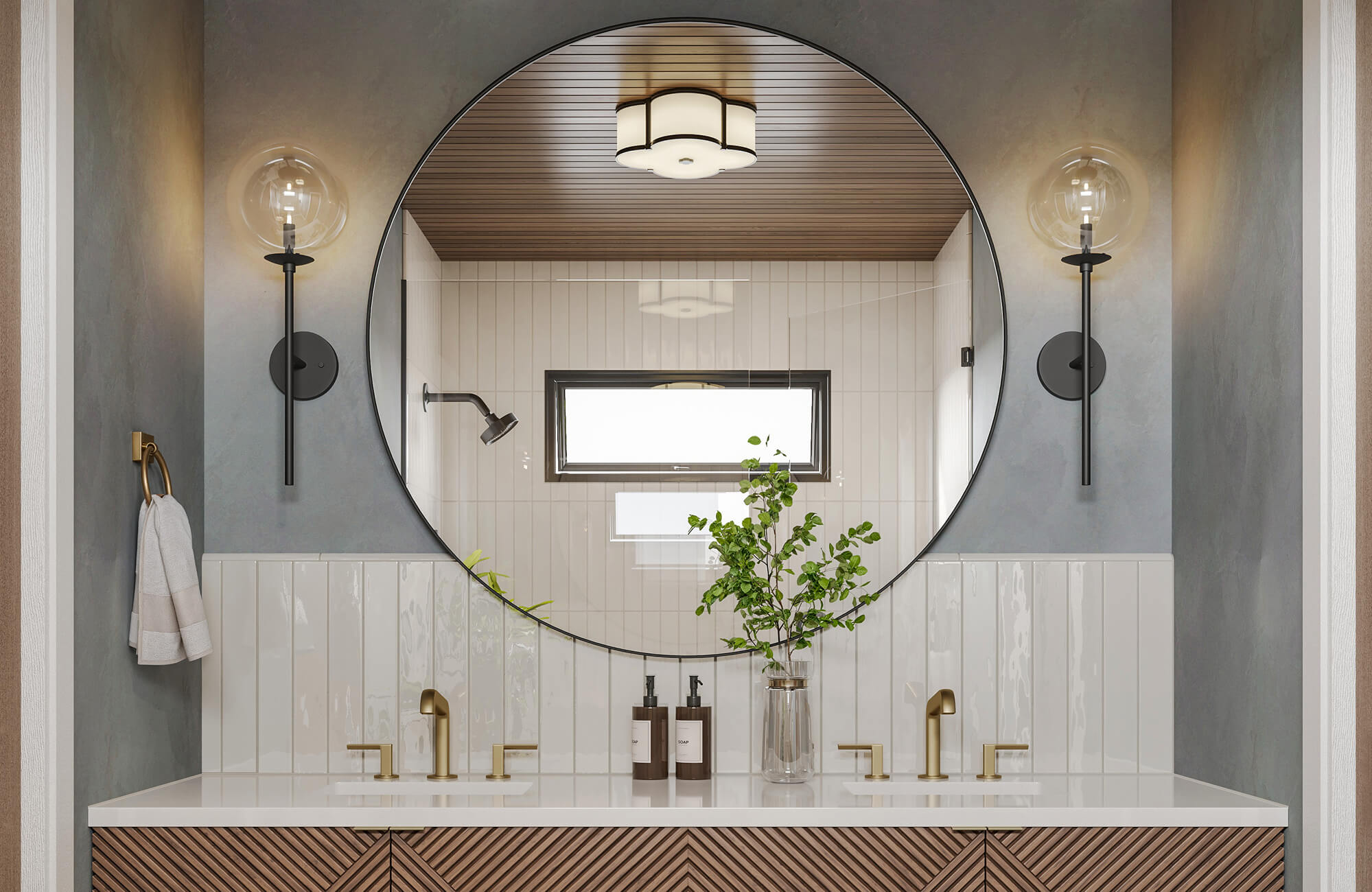 null Modern bathroom with glossy vertical white tiles, brushed gold fixtures, and a large round mirror reflecting a wood-paneled ceiling.