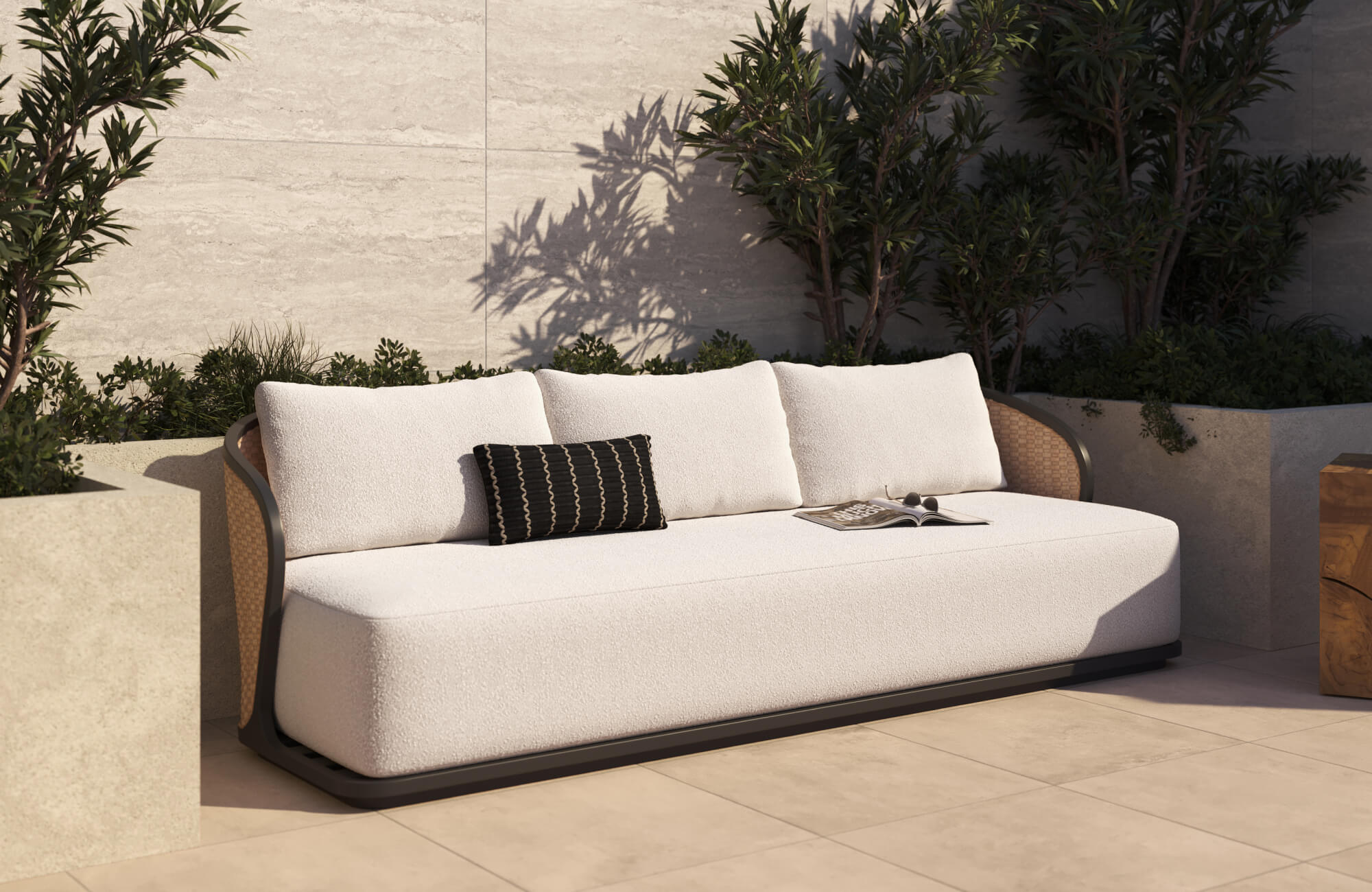 Close-up of cushioned outdoor sofa with supportive seating, emphasizing comfort, cushion quality, and long-term usability