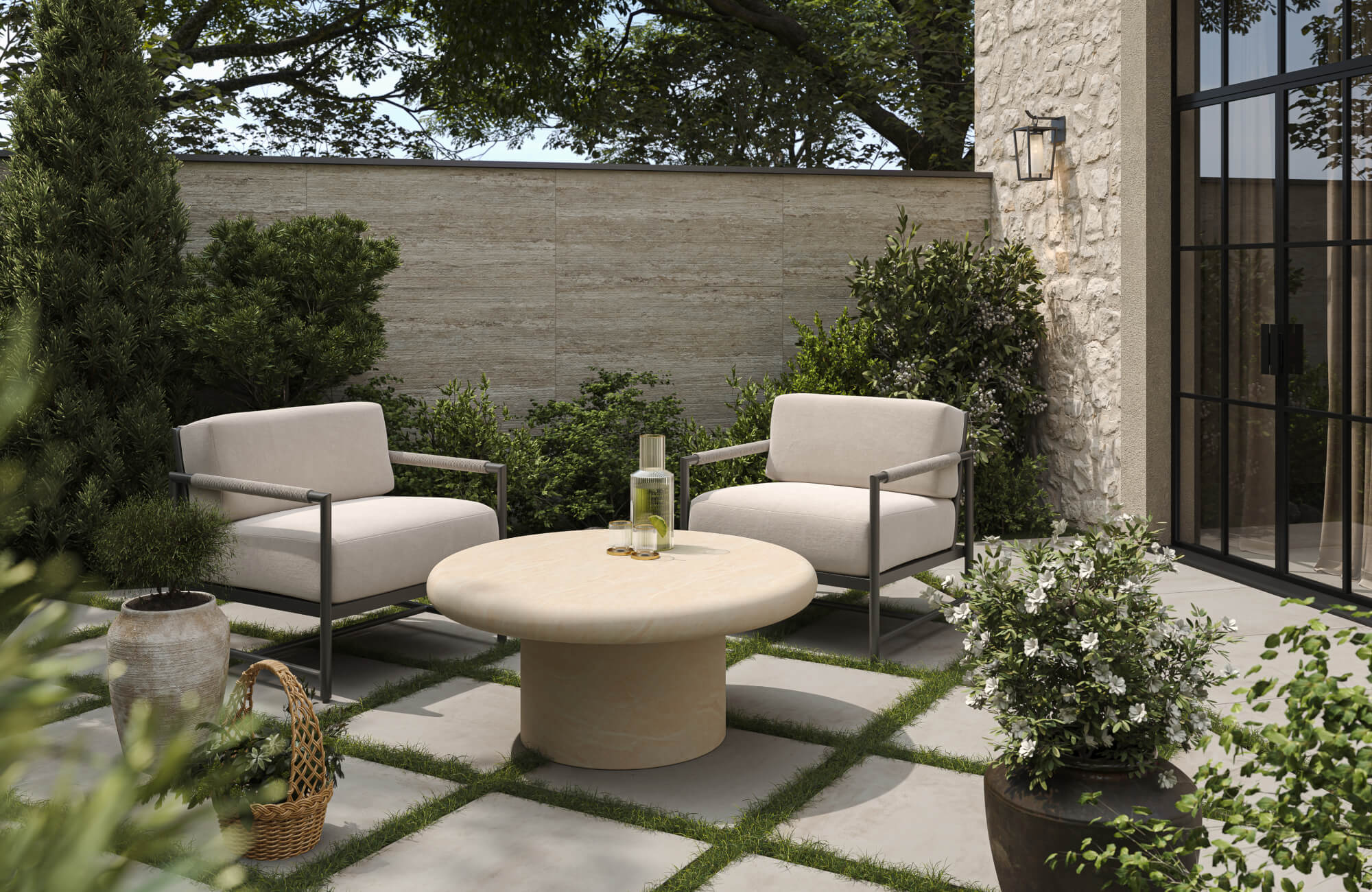 Small outdoor seating arrangement with neutral tones and balanced layout, showing how style, color, and proportion create a cohesive space