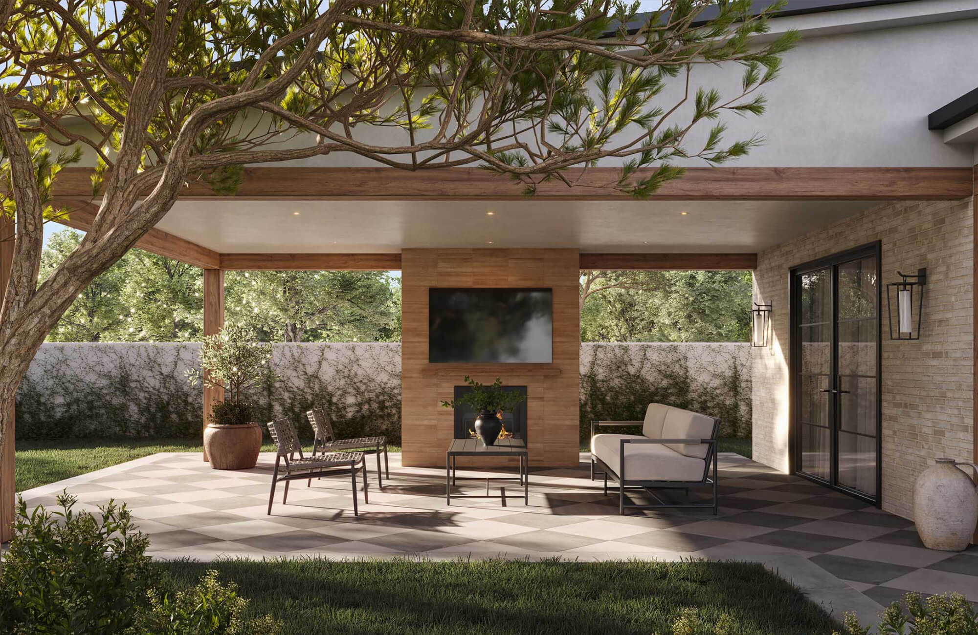 Covered outdoor patio with lounge seating and fireplace, illustrating protection, maintenance considerations, and long-term durability