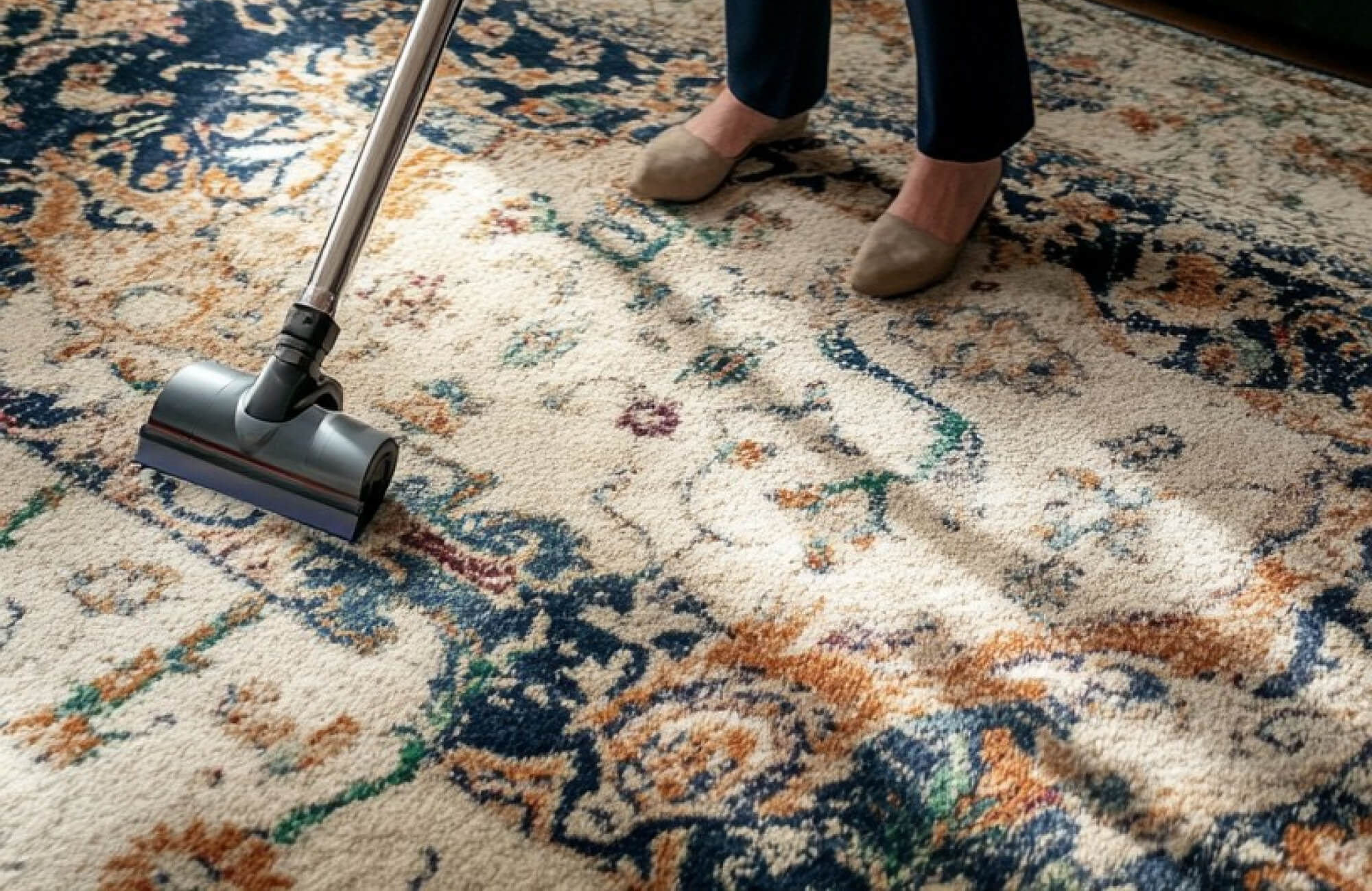 Close-up of plush neutral rug with geometric pattern, soft pile texture, and subtle gray and beige accents on white background.