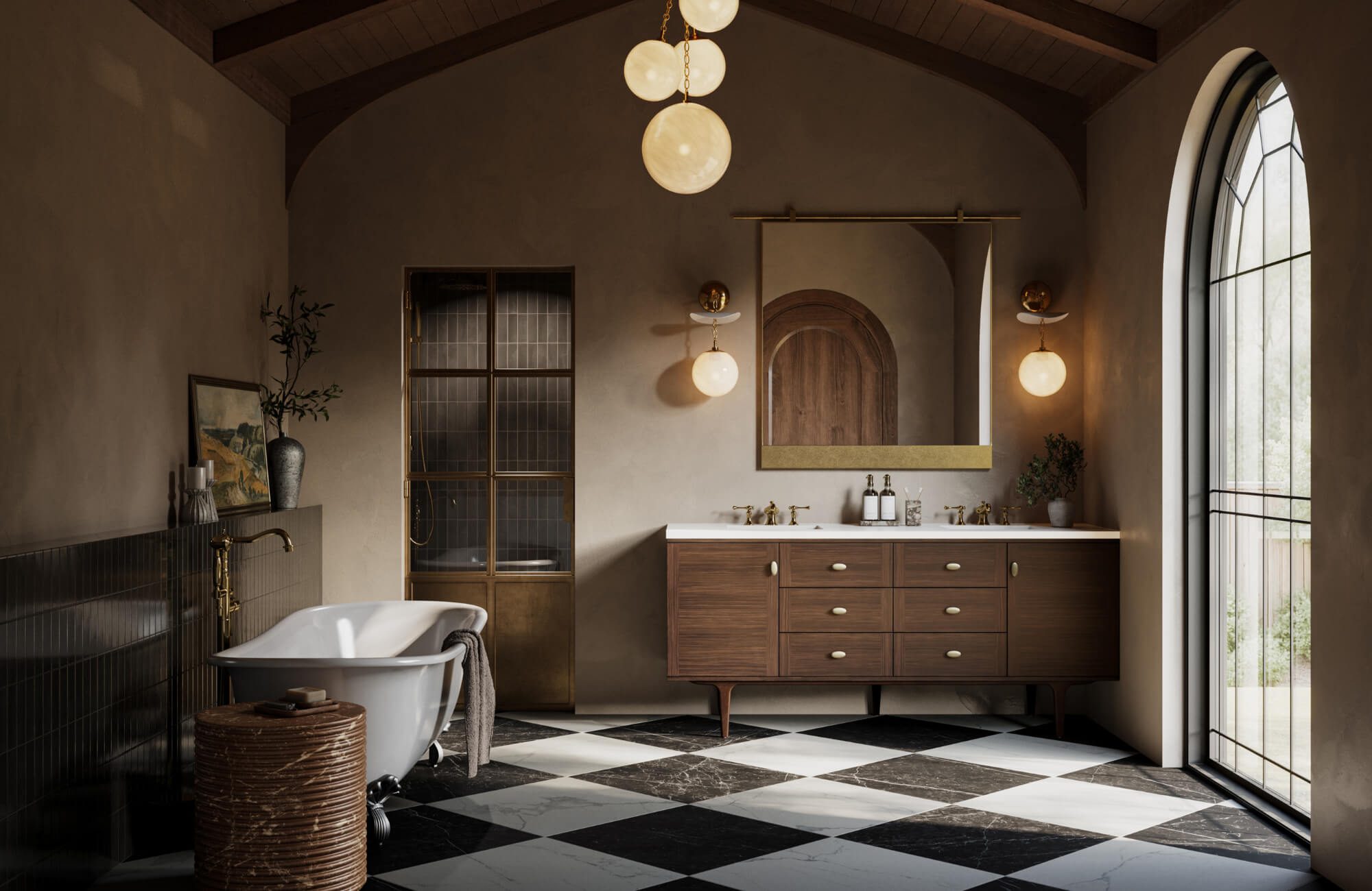 null Elegant bathroom with black and white checkered floor tiles, wood vanity, freestanding tub, and arched window.