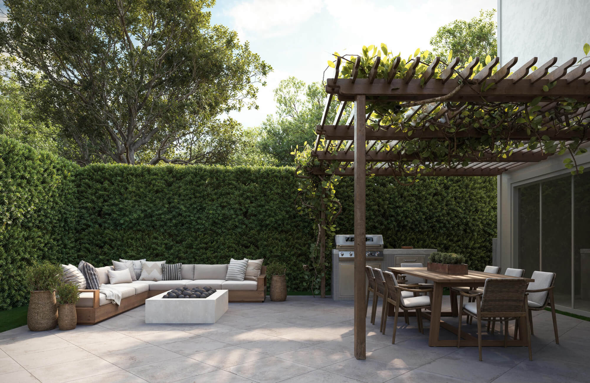 null Spacious outdoor patio with large square tiles arranged in a grid layout, supporting a seamless dining and lounge area under a pergola.