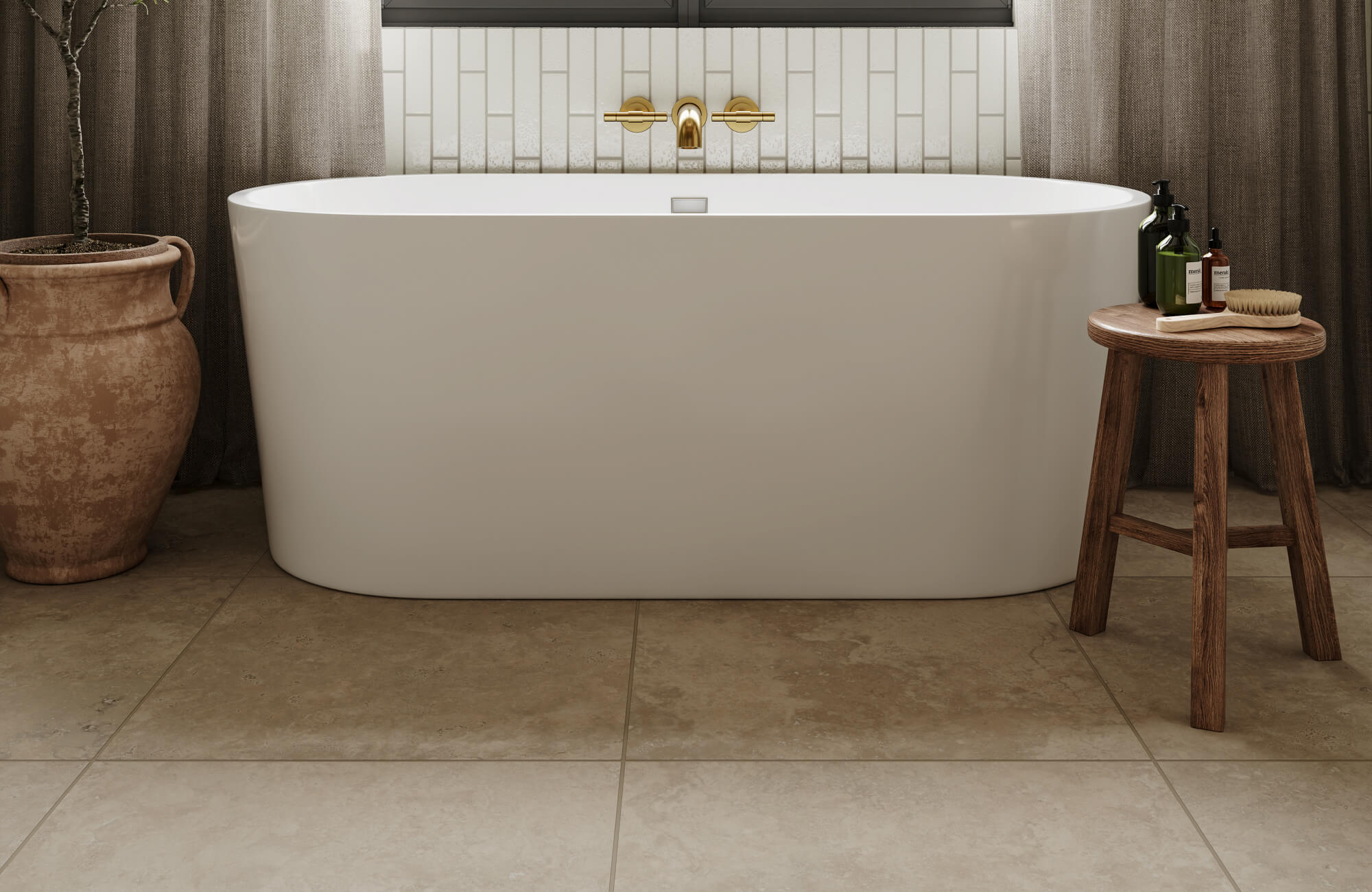 null Contemporary bathroom with large-format porcelain bathroom floor tile in a warm beige stone look, paired with a freestanding white tub, vertical ceramic wall tile, and brushed brass fixtures.
