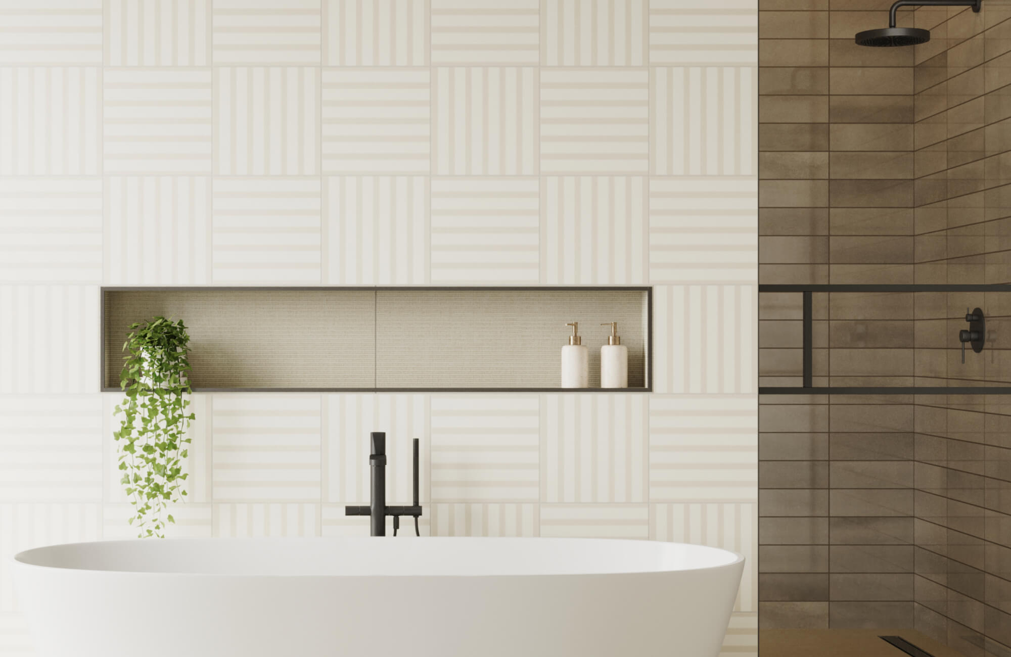 null Modern bathroom featuring textured ceramic bathroom wall tile in a soft beige checkerboard pattern, paired with a freestanding white tub, matte black fixtures, and a glass-enclosed shower with warm brown tile.