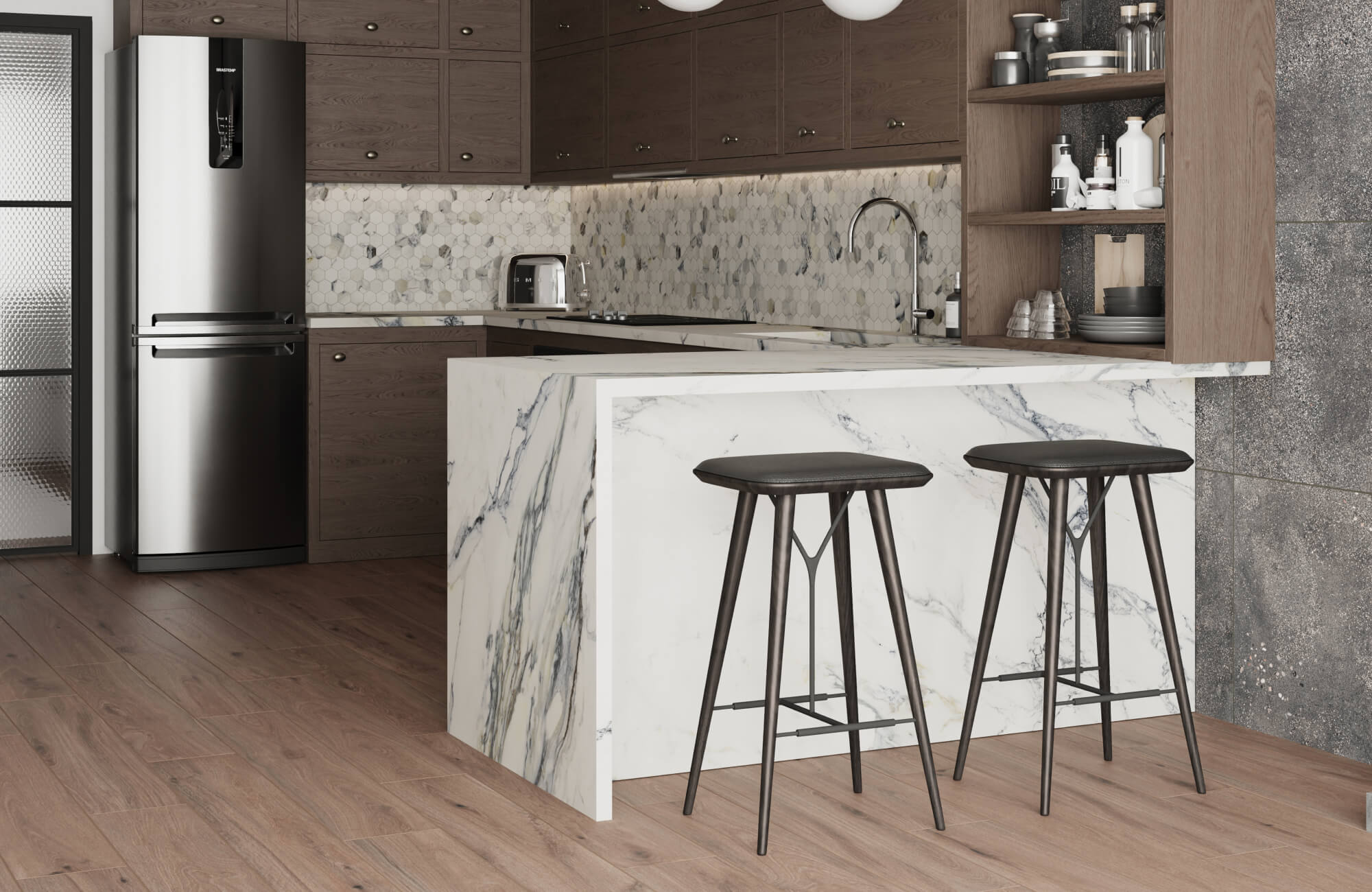 null Contemporary kitchen with wood-look tile flooring, marble island, dark cabinetry, and modern bar stools in a minimalist design.