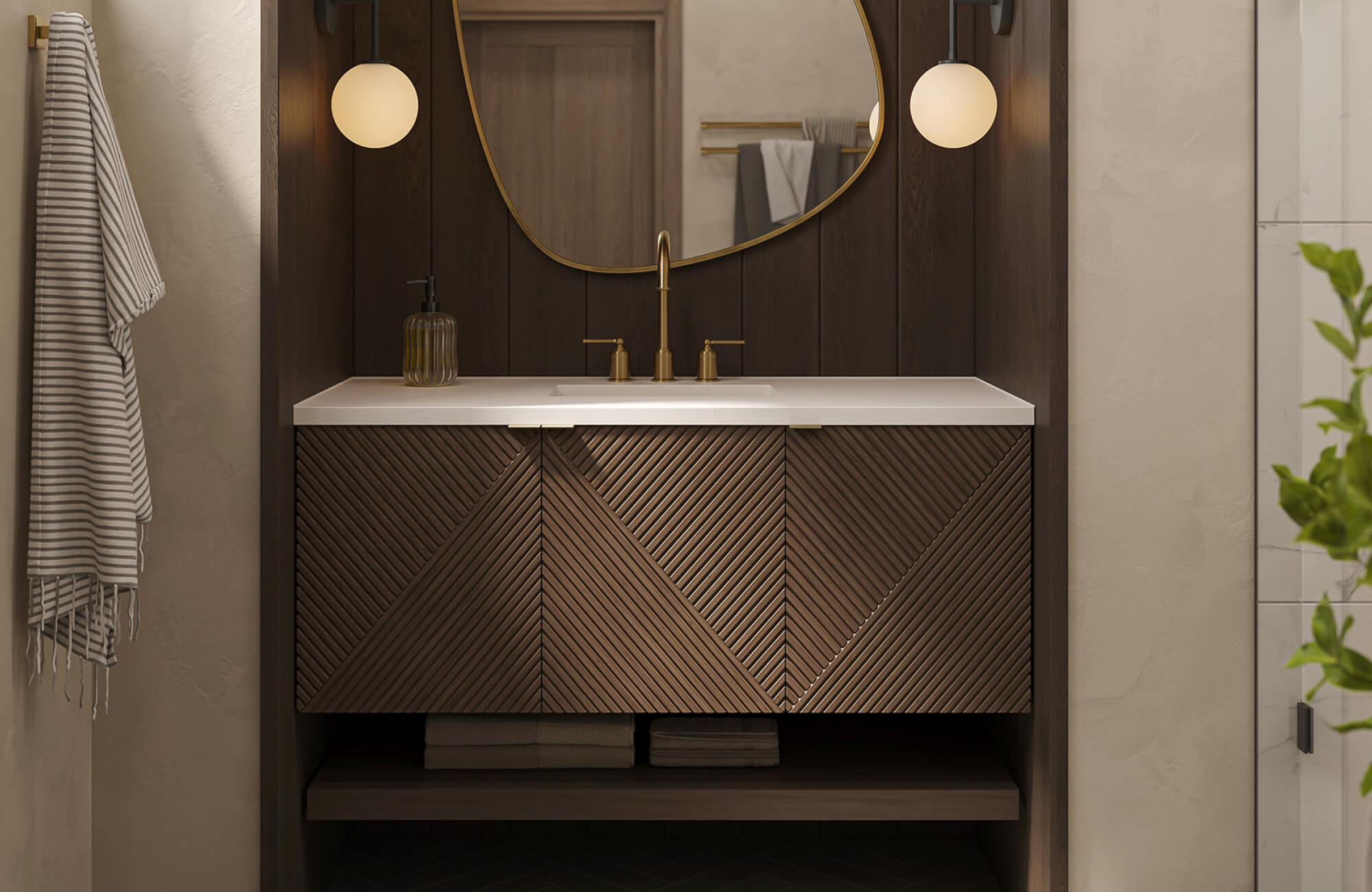 Floating wood vanity with textured cabinet fronts and a slim white countertop, creating a refined and space-saving powder room layout.