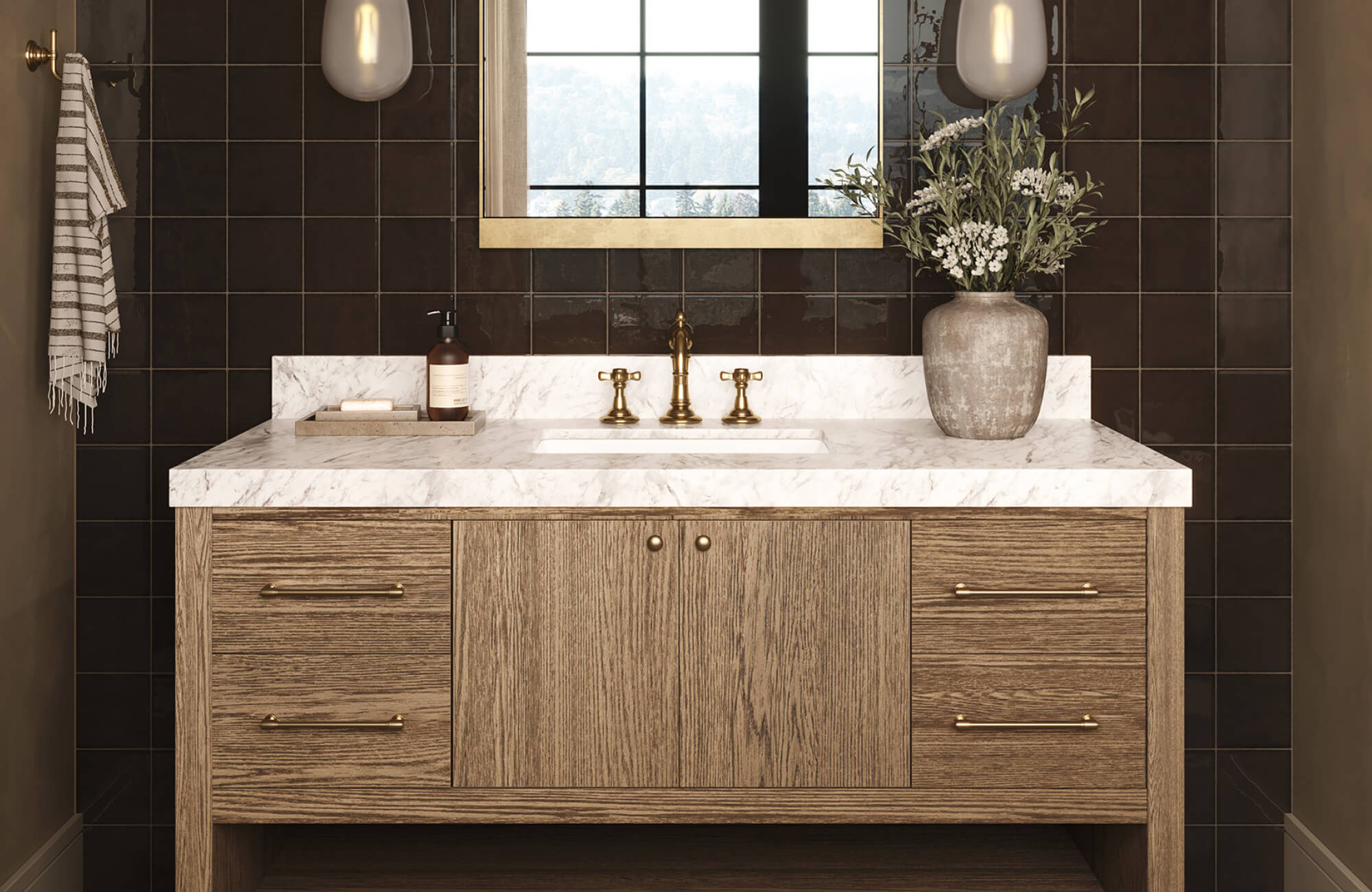 Furniture-style vanity with marble countertop and open shelf storage, positioned against dark tiled walls in a cozy powder room.