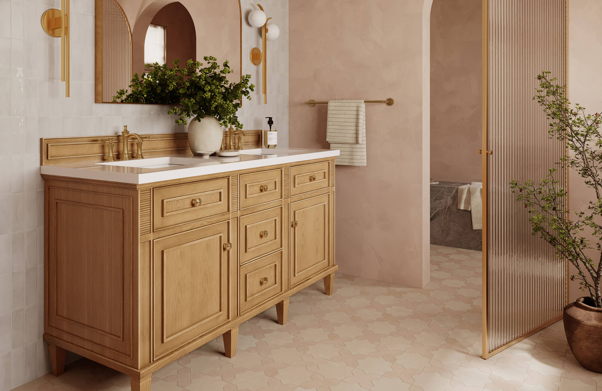 Traditional wood vanity with paneled doors and a white countertop, placed beneath an arched mirror in a decorative powder room.