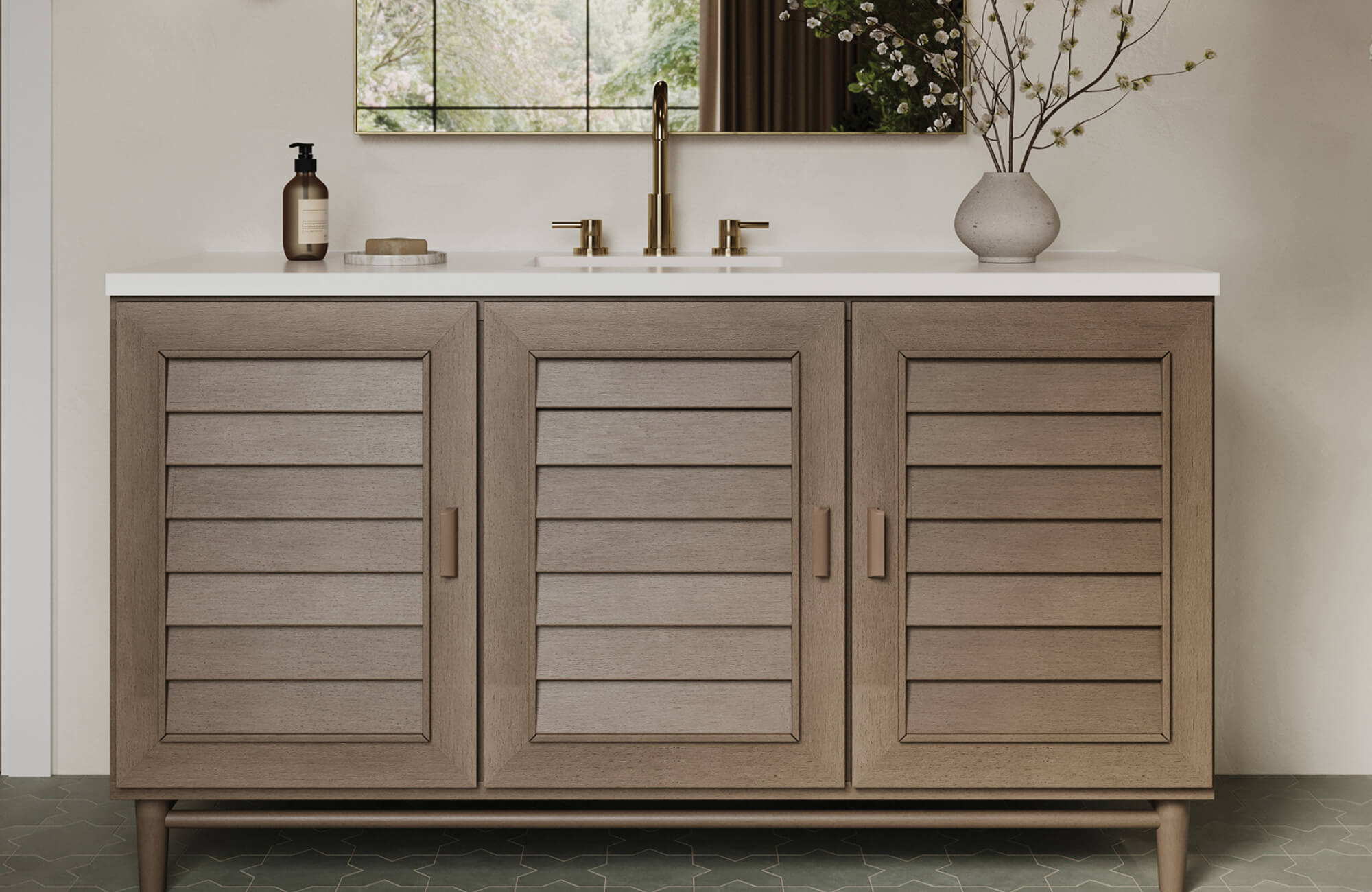 Wide wood vanity with shutter-style cabinet fronts and a white countertop, centered beneath a large mirror in a balanced layout.