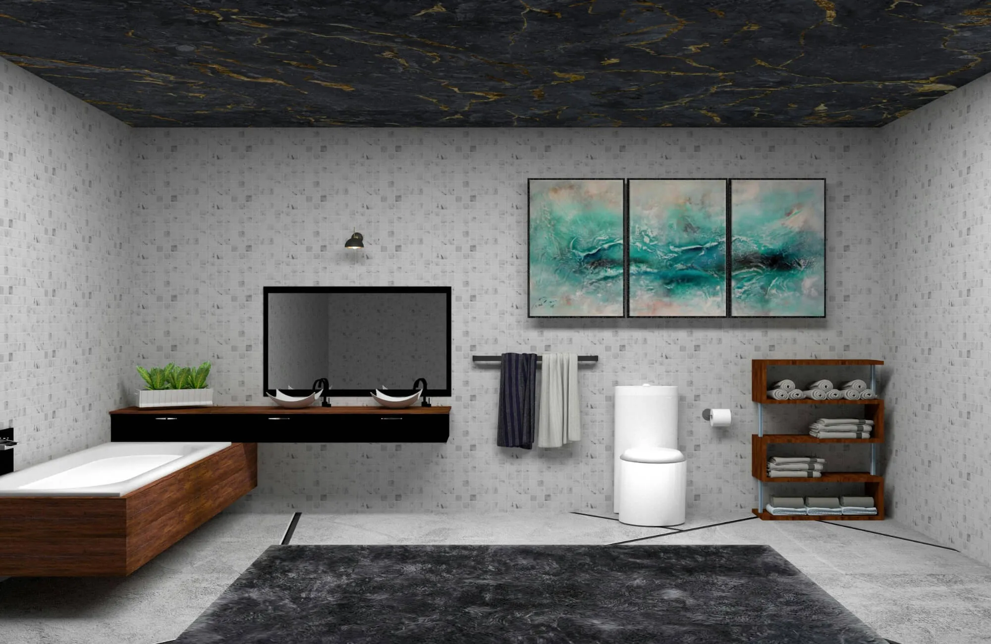 Modern bathroom with textured gray walls, floating wood vanity, double sinks, and three-panel abstract teal artwork above towel rack.