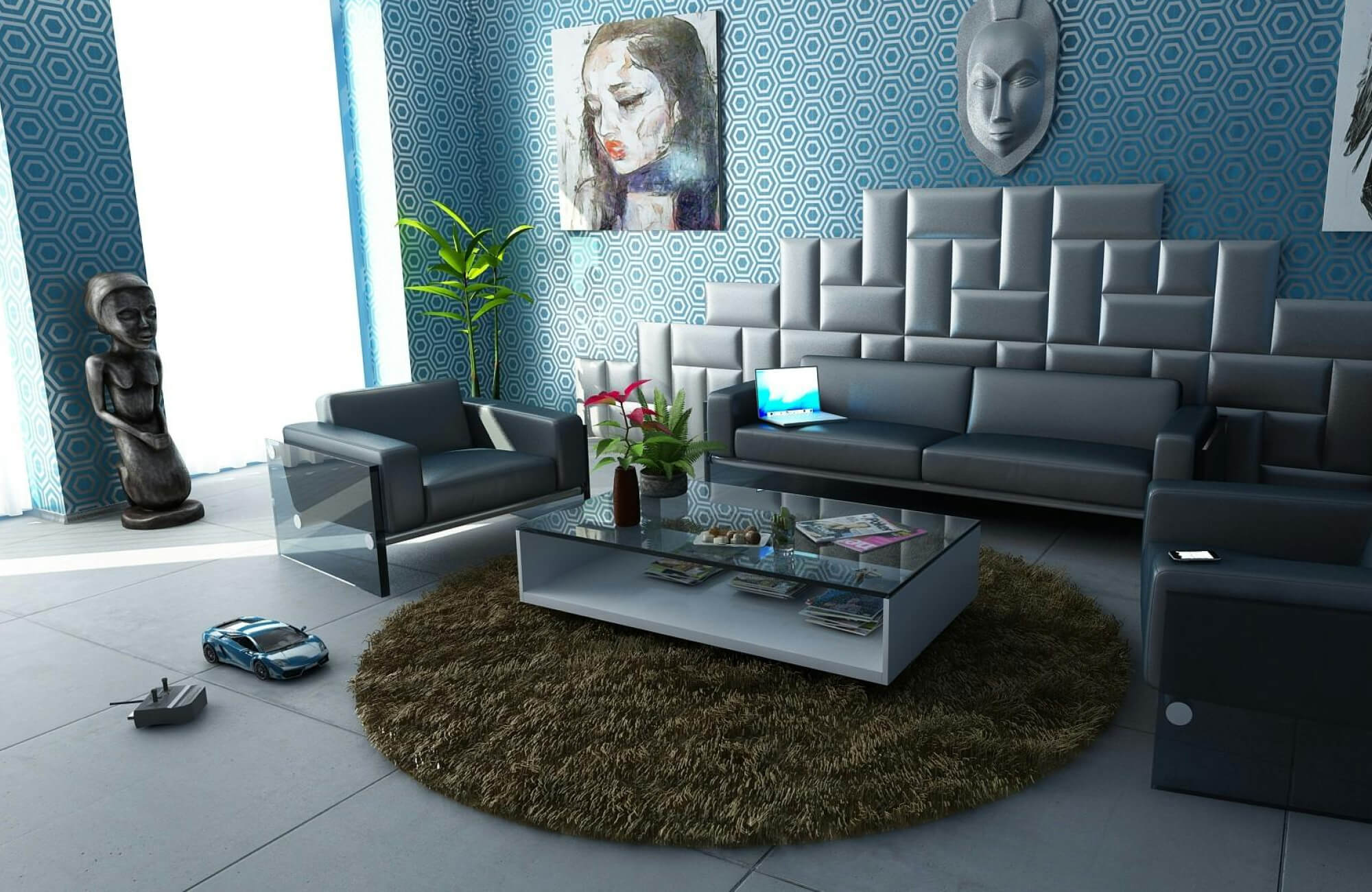 null Bold blue geometric wallpaper creates a vibrant focal point in this contemporary living room setting.